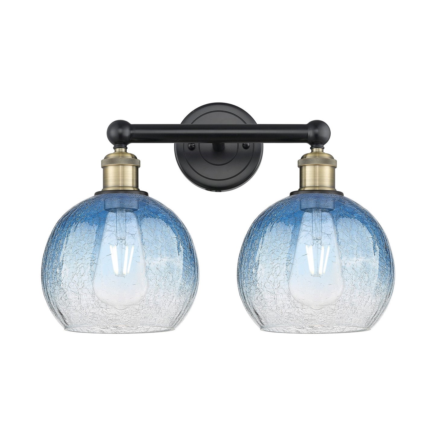 Innovations Brookhaven Globe 17in 2-Light Vanity Light | Industrial Black Antique Brass and Sapphire Blue Glass | Bathroom | Model 616-2W-BAB-G483-8SB