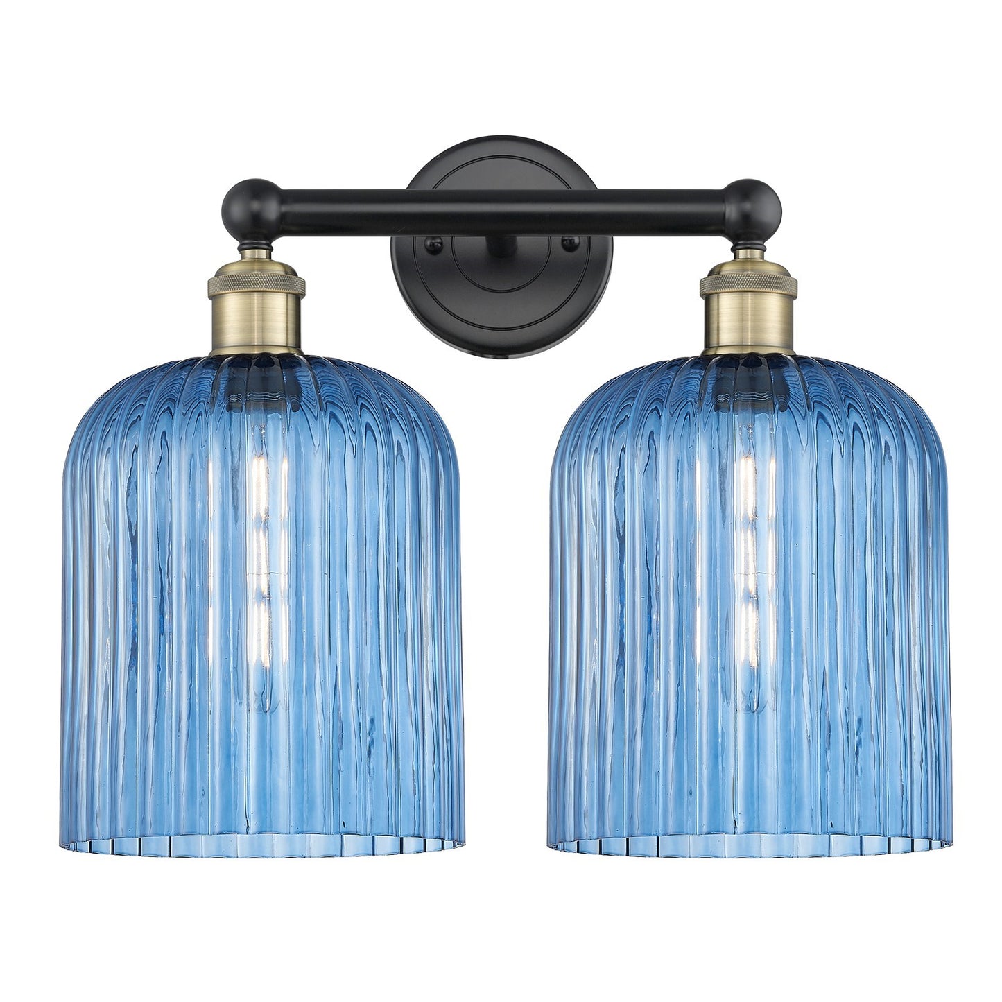 Innovations Bridal Veil 14in 2-Light Bath Vanity Light | Art Nouveau Black Antique Brass and Princess Blue Ribbed Glass | Model 616-2W-BAB-G559-8BL