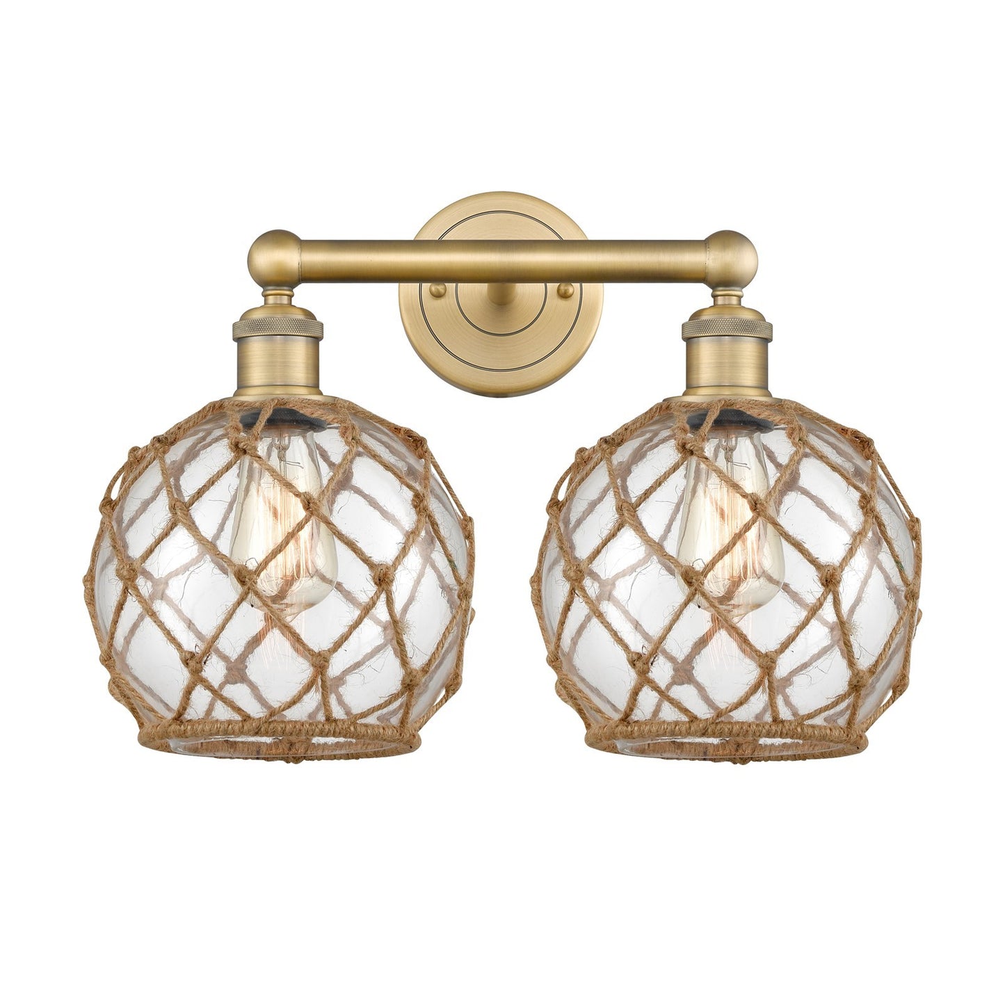 Innovations Farmhouse Rope 17in 2-Light Bath Vanity | Industrial Brushed Brass Steel and Clear Glass with Brown Rope | Bathroom | Model 616-2W-BB-G122-8RB