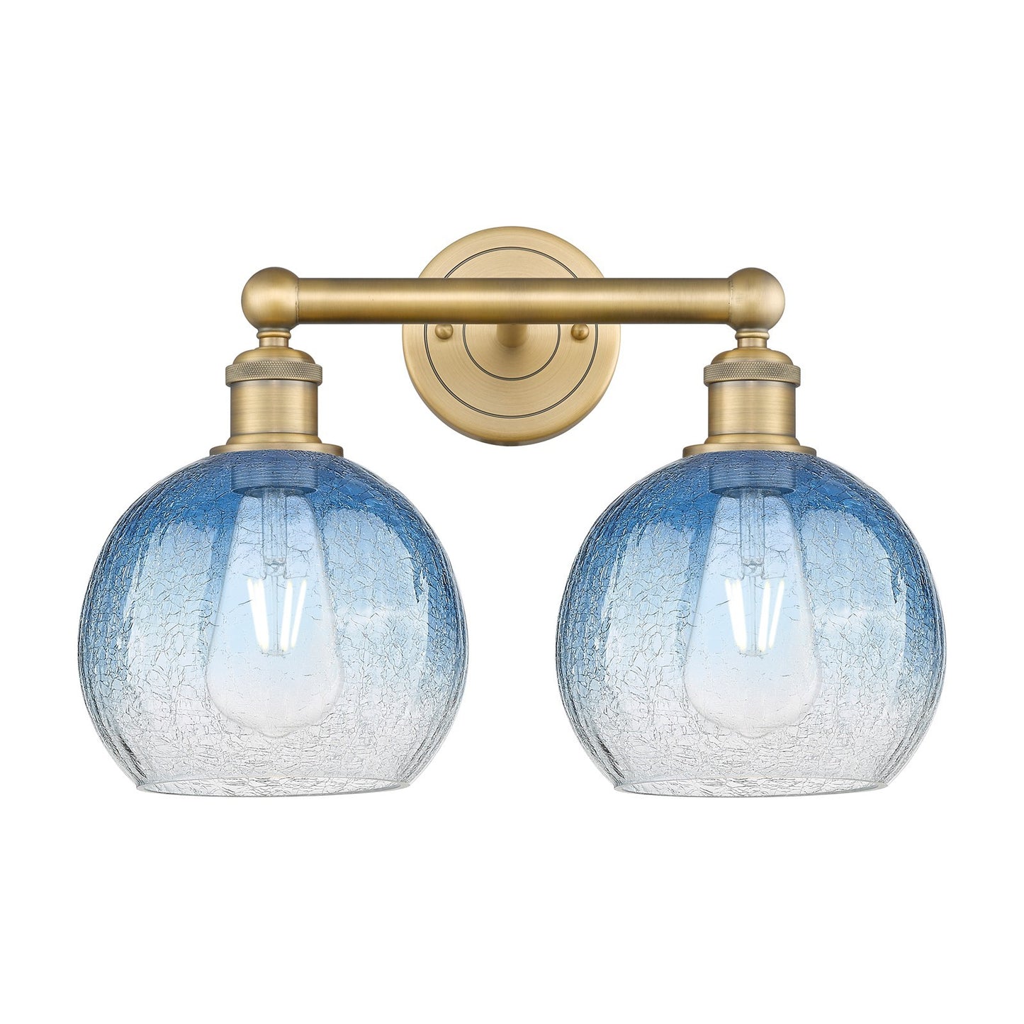 Innovations Brookhaven Globe 17in 2-Light Bath Vanity Light | Industrial Brushed Brass Steel and Sapphire Blue Glass | Bathroom | Model 616-2W-BB-G483-8SB