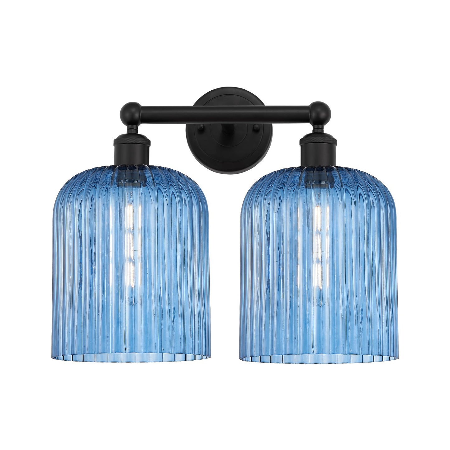 Innovations Bridal Veil 14in 2-Light Bath Vanity | Art Nouveau Matte Black Steel and Princess Blue Ribbed Glass | Bathroom | Model 616-2W-BK-G559-8BL