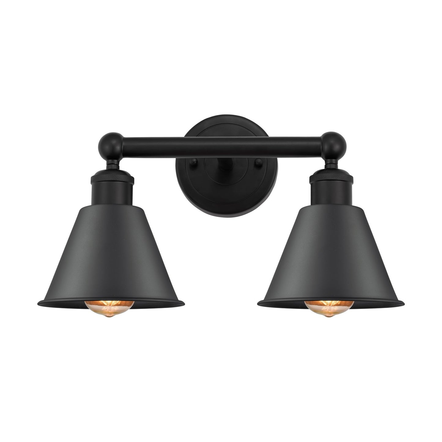 Innovations Smithfield 16in 2-Light Bath Vanity Light | Industrial Farmhouse Matte Black Steel and Cast Brass Metal Cone Shade | Model 616-2W-BK-M8-BK
