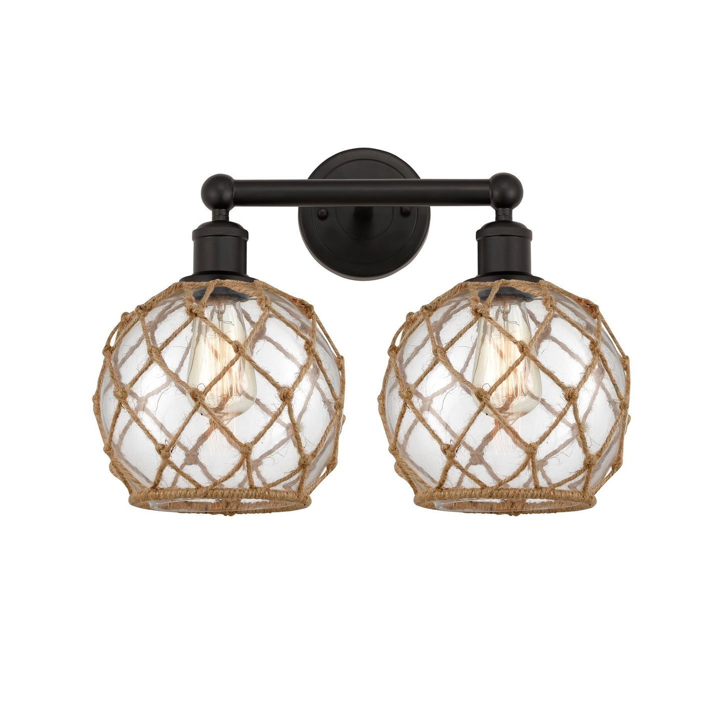 Innovations Farmhouse Rope 17in 2-Light Bath Vanity Light | Industrial Oil Rubbed Bronze Steel and Clear Glass with Brown Rope | Model 616-2W-OB-G122-8RB