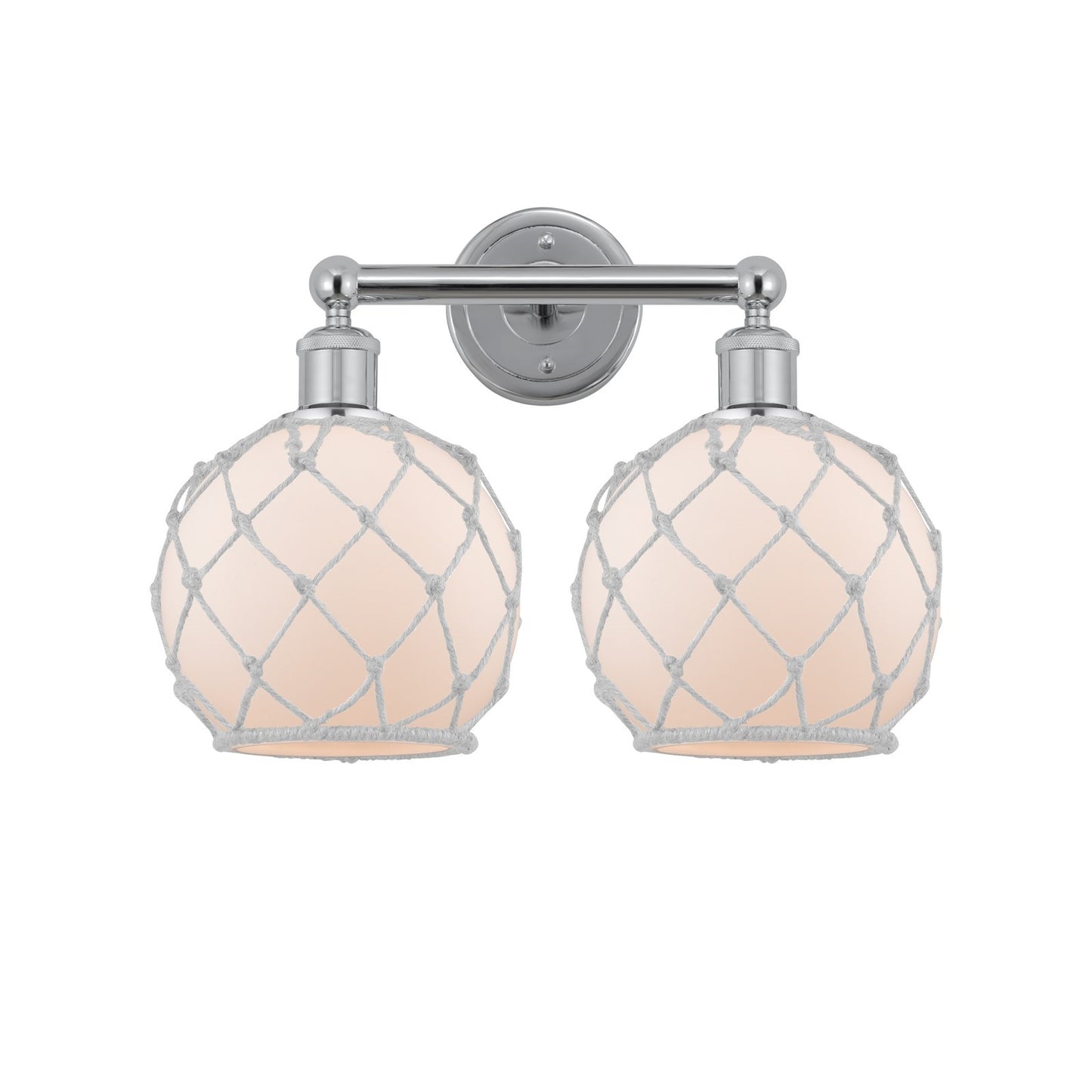 Innovations Farmhouse Rope 17in 2-Light Bath Vanity | Industrial Polished Chrome Steel and White Frosted Glass with Rope Shade | Model 616-2W-PC-G121-8RW
