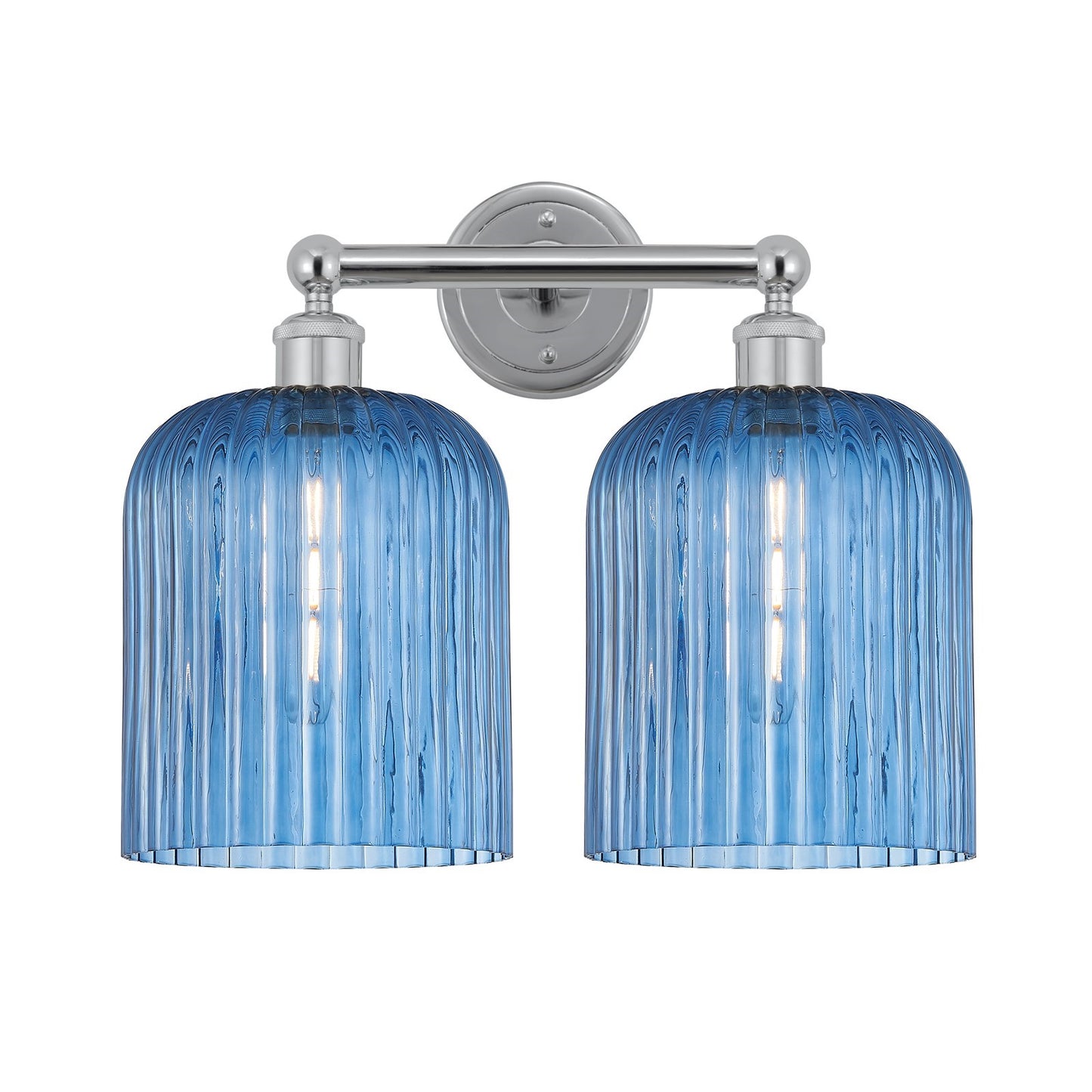 Innovations Bridal Veil 14in 2-Light Bath Vanity Light | Art Nouveau Polished Chrome and Princess Blue Ribbed Glass | Bathroom | Model 616-2W-PC-G559-8BL