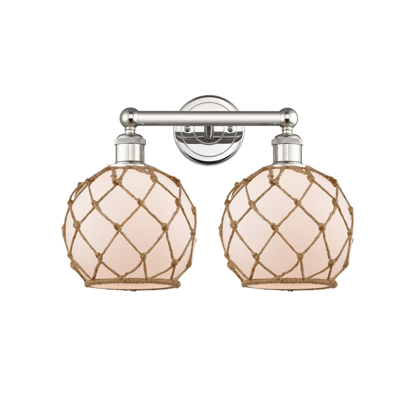 Innovations Farmhouse Rope 17in 2-Light Bath Vanity | Industrial Polished Nickel Steel and White Frosted Glass with Brown Rope | Model 616-2W-PN-G121-8RB