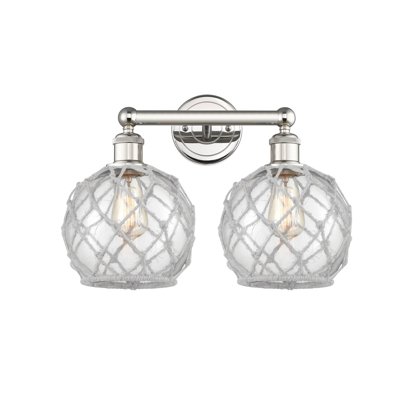 Innovations Farmhouse Rope 17in 2-Light Bath Vanity | Industrial Polished Nickel Steel and Clear Glass with White Rope | Model 616-2W-PN-G122-8RW