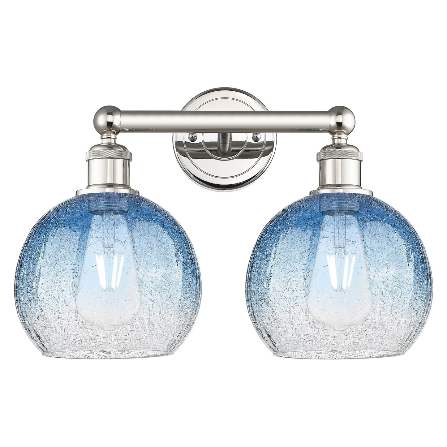 Innovations Brookhaven Globe 17in 2-Light Bath Vanity Light | Industrial Polished Nickel and Sapphire Blue Glass | Damp Rated | Model 616-2W-PN-G483-8SB