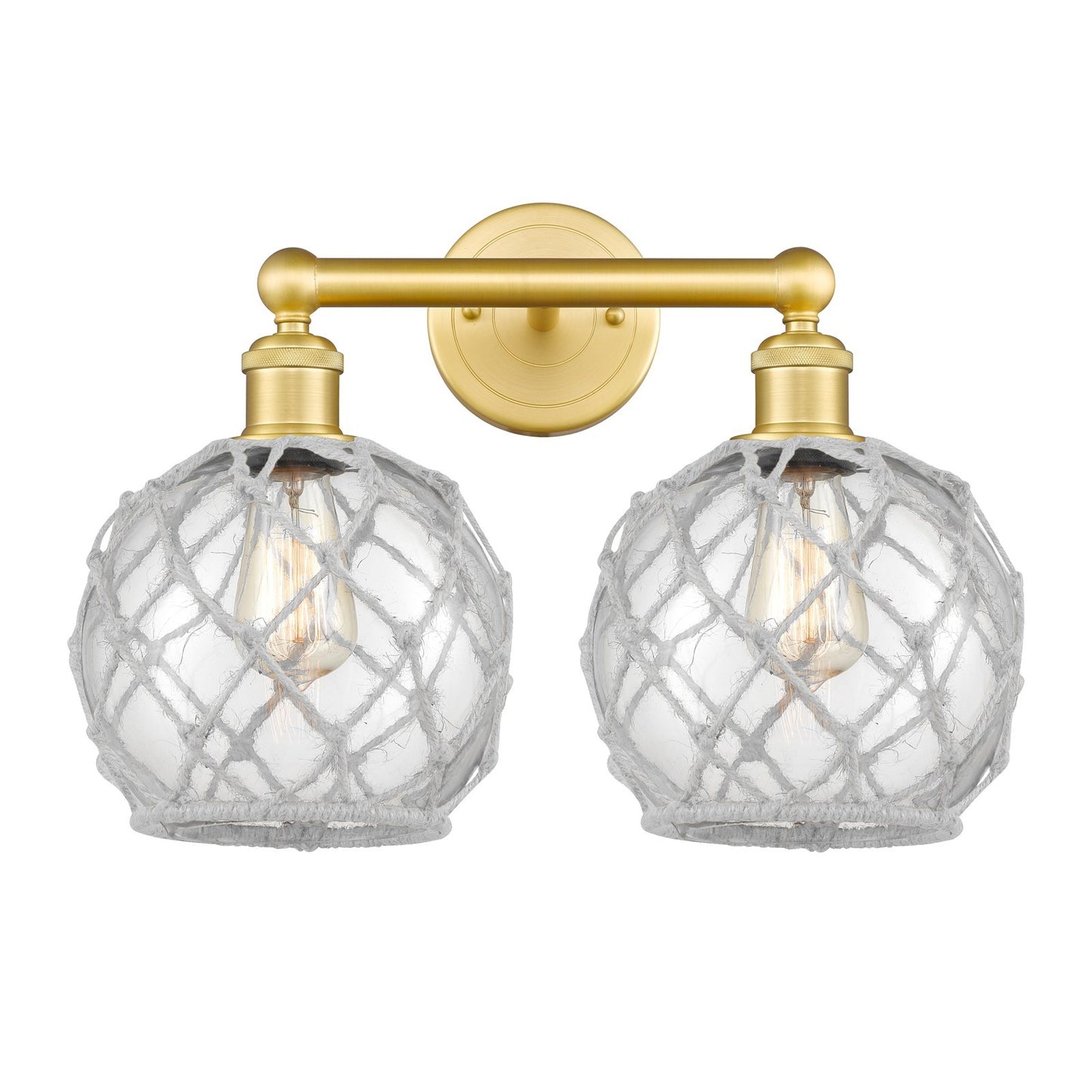 Innovations Farmhouse Rope 17in 2-Light Bath Vanity | Industrial Satin Gold Steel and Clear Glass with White Rope | Bathroom | Model 616-2W-SG-G122-8RW