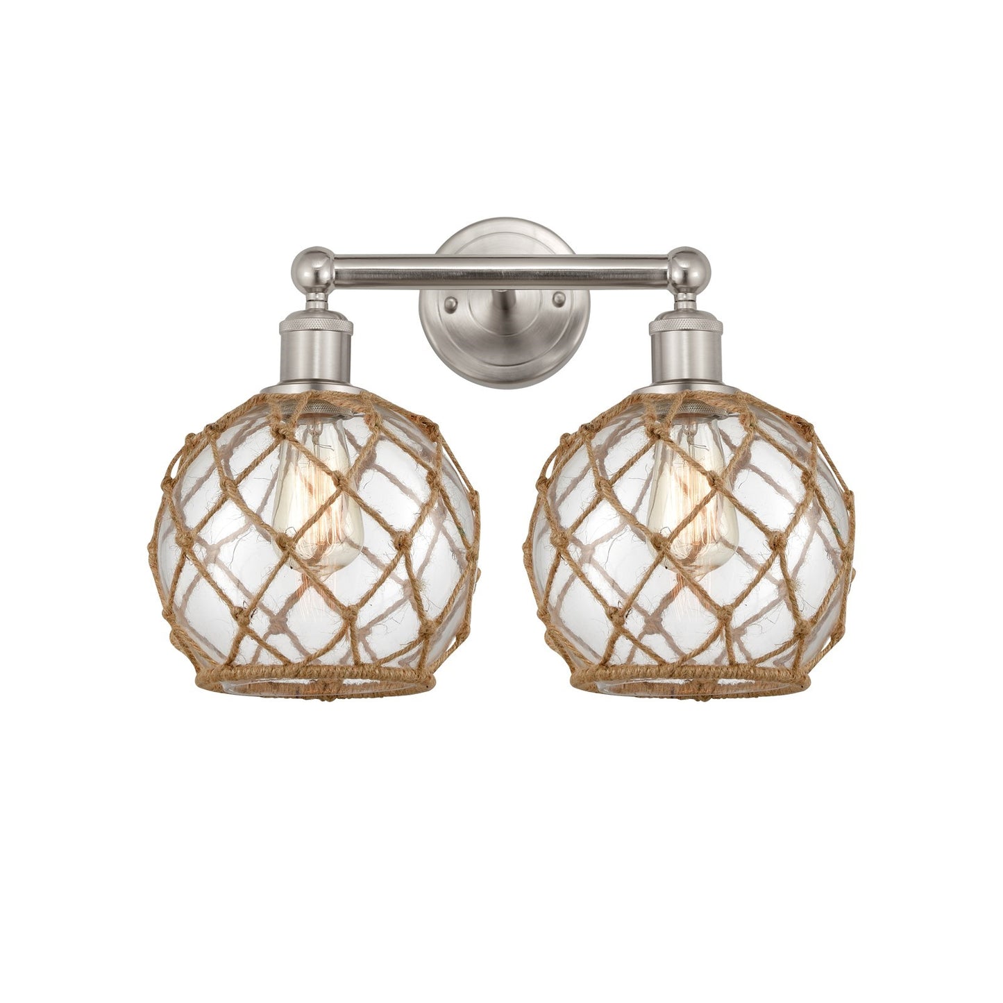 Innovations Farmhouse Rope 17in 2-Light Bath Vanity Light | Industrial Brushed Satin Nickel and Clear Glass with Brown Rope | Model 616-2W-SN-G122-8RB