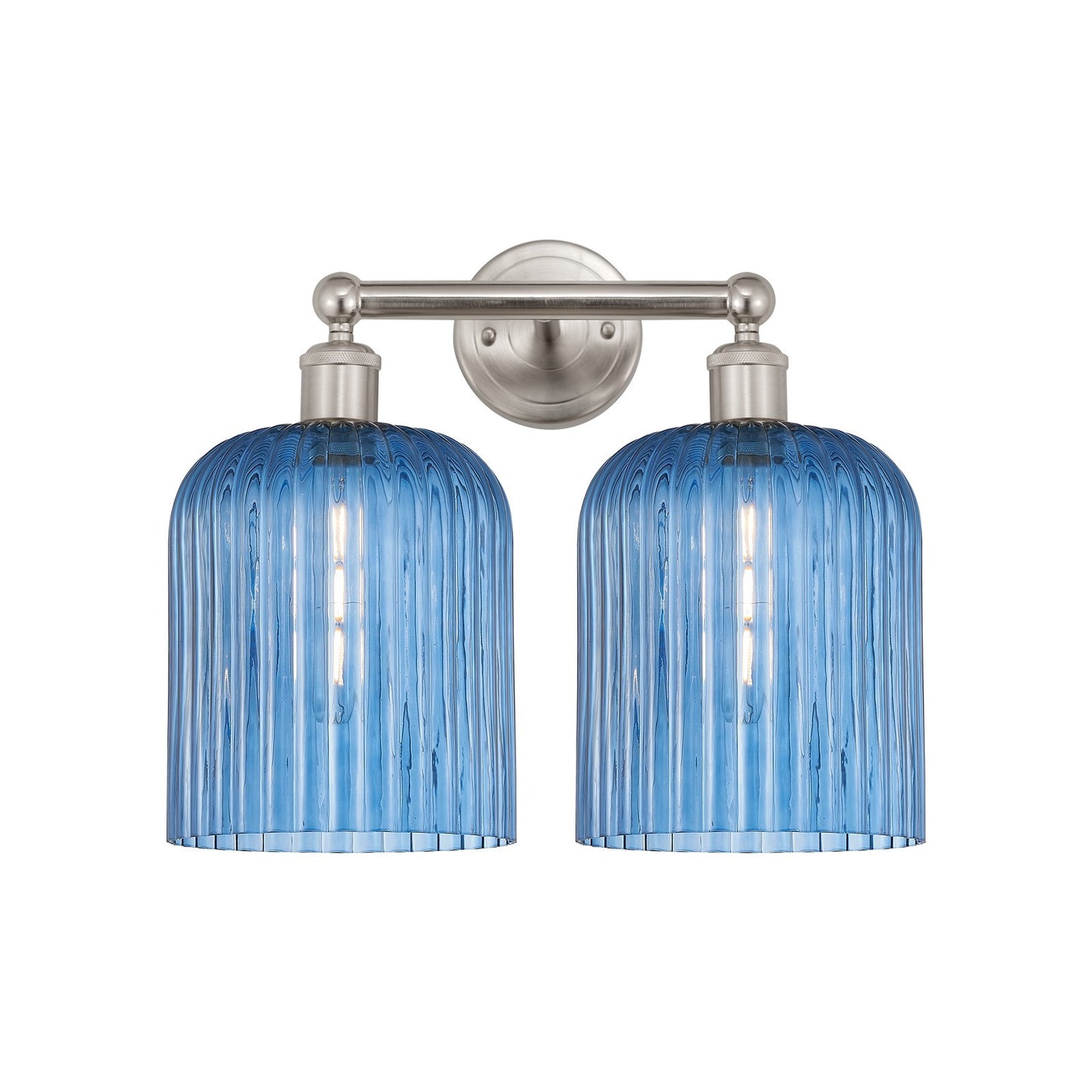 Innovations Bridal Veil 14in 2-Light Bath Vanity Light | Art Nouveau Brushed Satin Nickel and Princess Blue Ribbed Glass | Model 616-2W-SN-G559-8BL