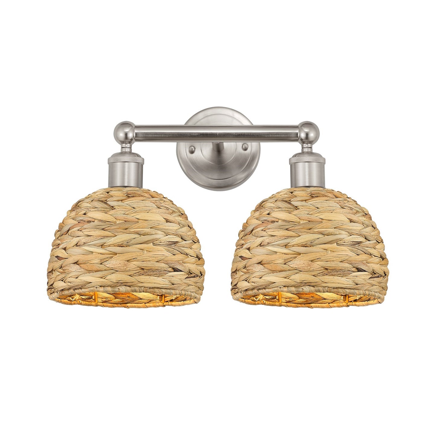 Innovations Woven Rattan 17in 2-Light Bath Vanity Light | Industrial Brushed Satin Nickel and Natural Fiber Dome Shade | Model 616-2W-SN-RBD-8-NAT