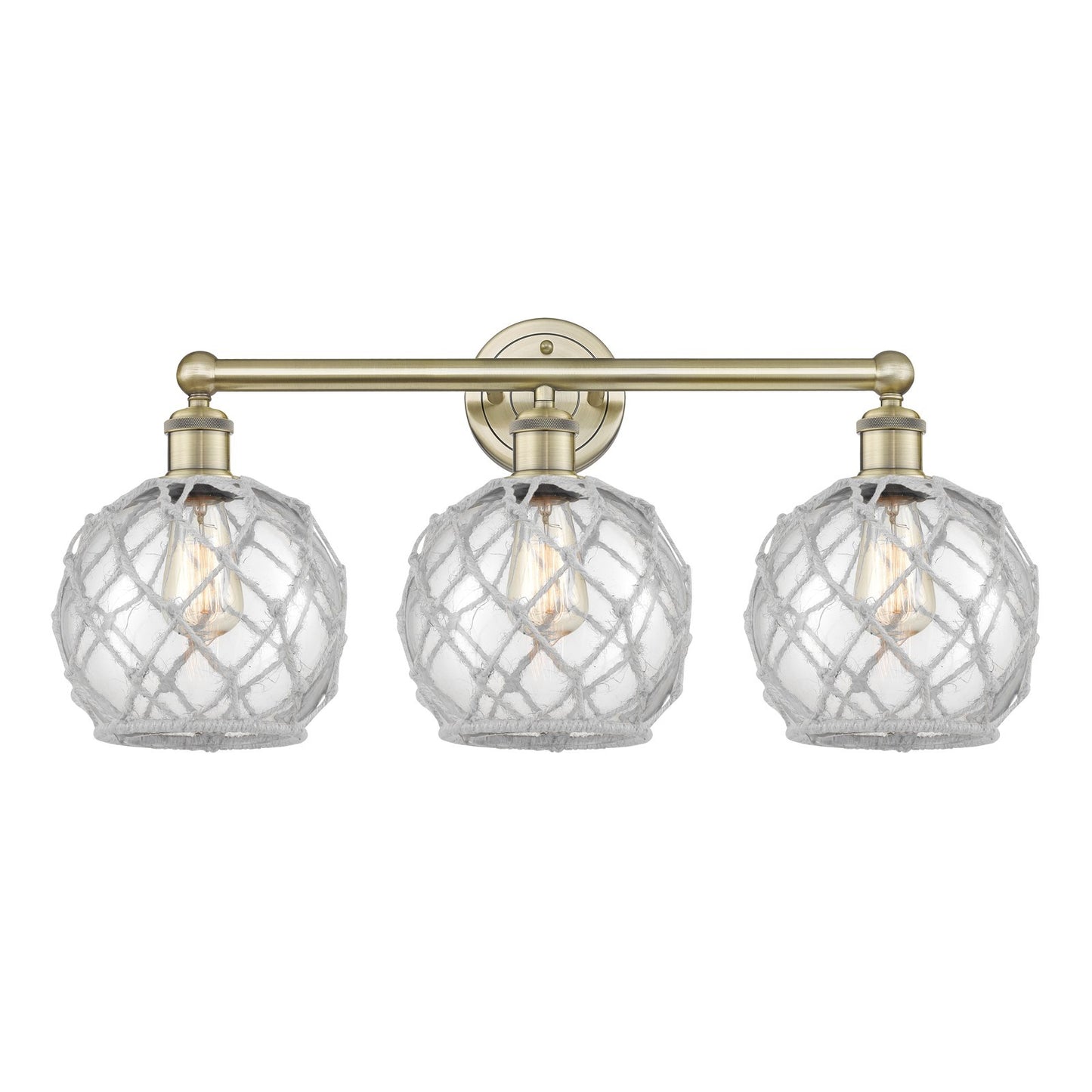 Innovations Farmhouse Rope 26in 3-Light Bath Vanity | Industrial Antique Brass Steel and Clear Glass with White Rope | Bathroom | Model 616-3W-AB-G122-8RW