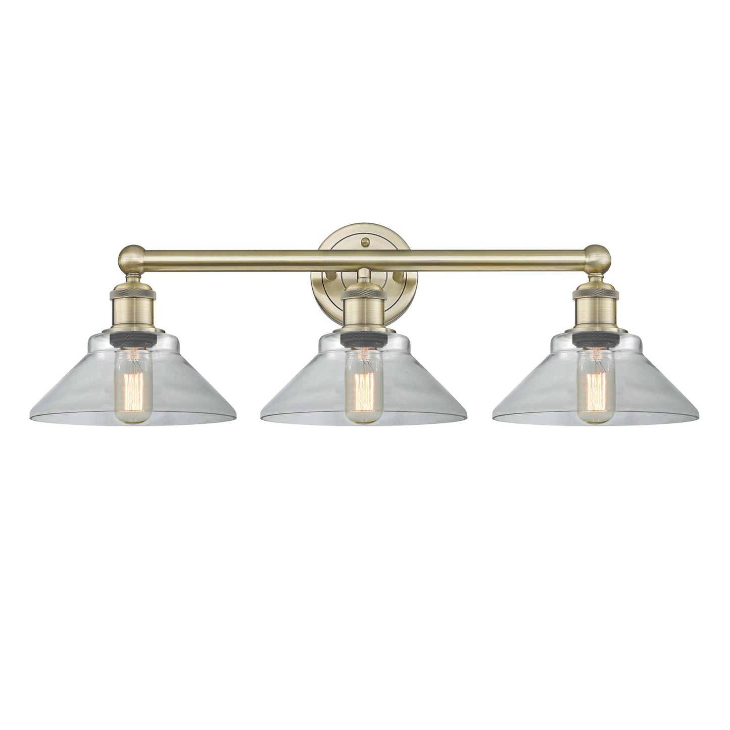 Innovations Orwell 26in 3-Light Bath Vanity Light | Industrial Antique Brass Steel and Clear Cone Glass | Bathroom Vanity | 26.38 x | Model 616-3W-AB-G132