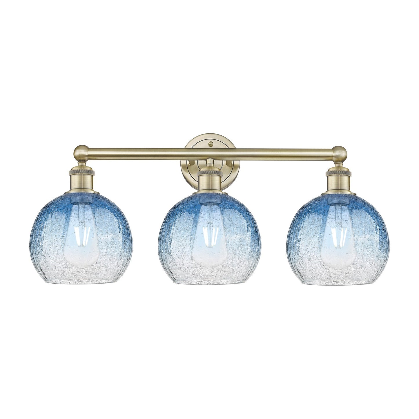 Innovations Brookhaven Globe 26in 3-Light Bath Vanity Light | Industrial Antique Brass Steel and Sapphire Blue Glass | Bathroom | Model 616-3W-AB-G483-8SB