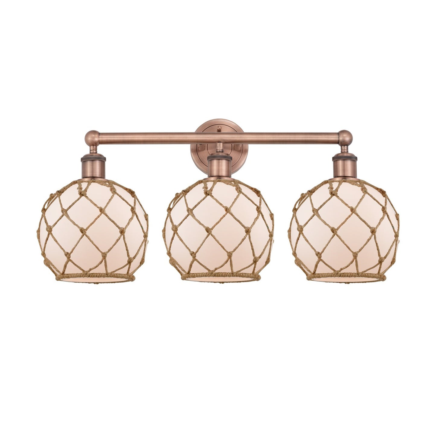Innovations Farmhouse Rope 26in 3-Light Bath Vanity | Industrial Antique Copper and White Glass with Brown Rope | Bathroom | Model 616-3W-AC-G121-8RB