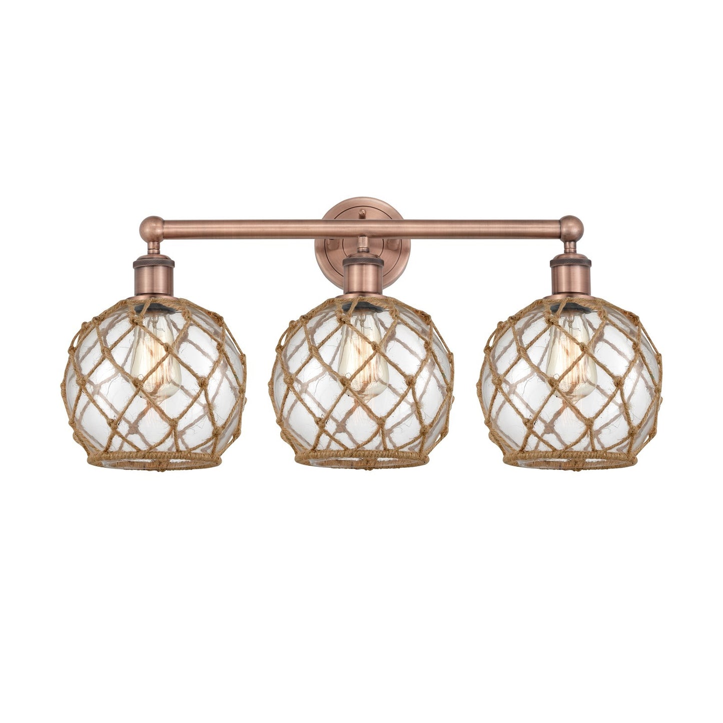 Innovations Farmhouse Rope 26in 3-Light Bath Vanity Light | Industrial Antique Copper Steel and Clear Glass with Brown Rope | Model 616-3W-AC-G122-8RB