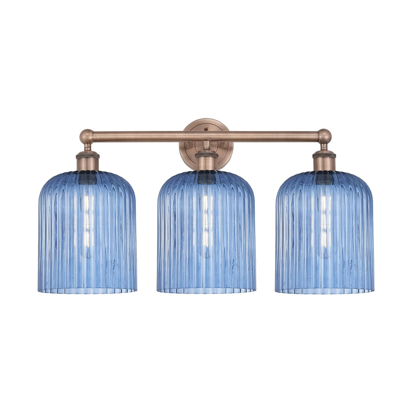 Innovations Bridal Veil 23in 3-Light Bath Vanity Light | Art Nouveau Antique Copper and Princess Blue Ribbed Glass | Bathroom & | Model 616-3W-AC-G559-8BL