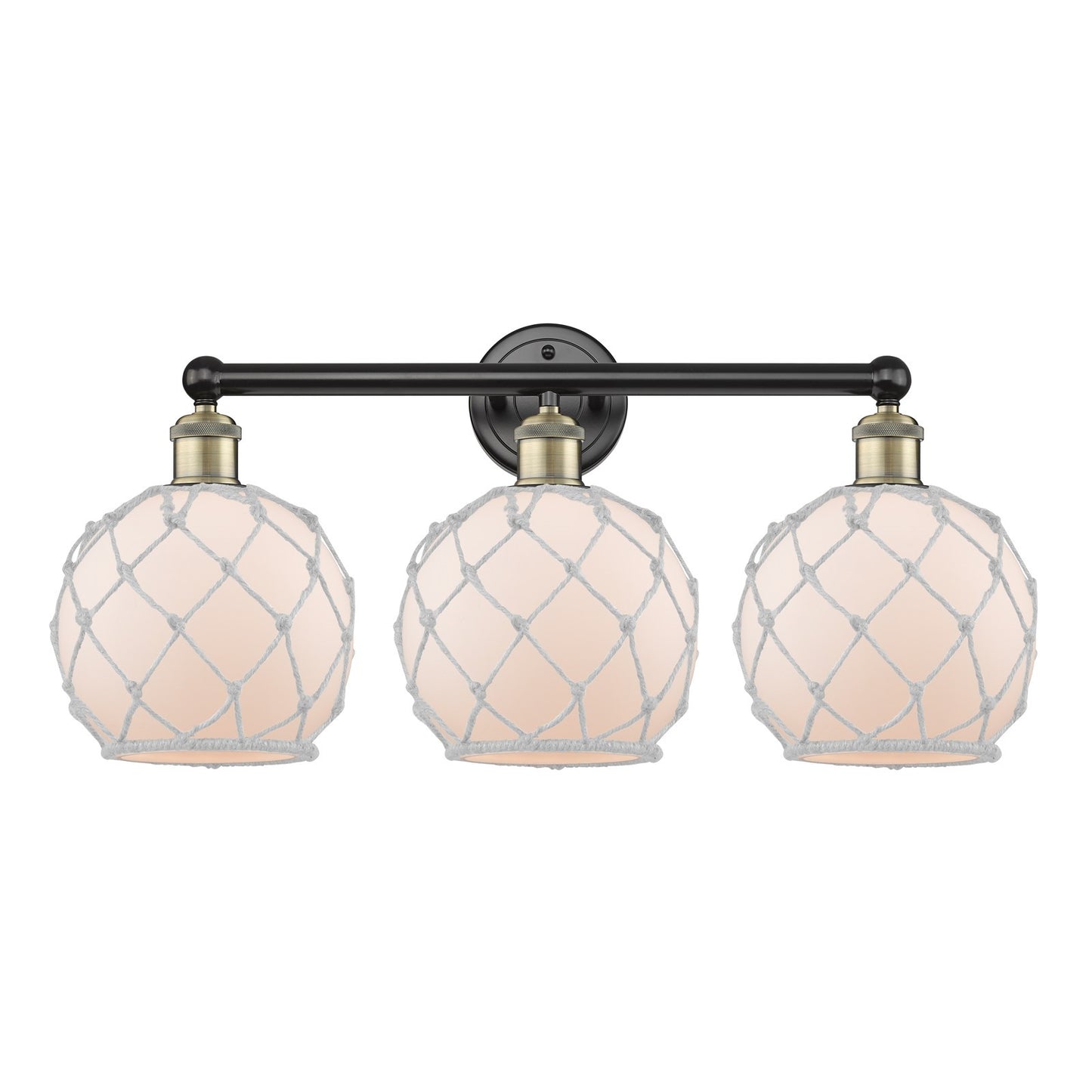Innovations Farmhouse Rope 26in 3-Light Bath Vanity Light | Industrial Black Antique Brass and White Frosted Glass Rope Shade | Model 616-3W-BAB-G121-8RW