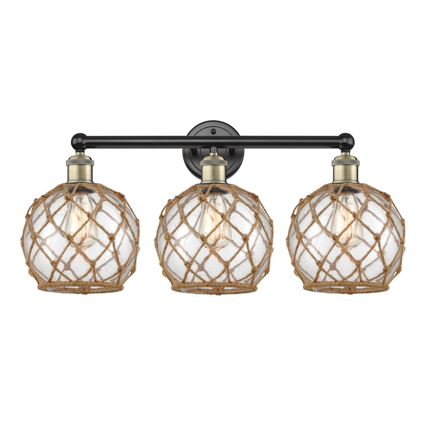 Innovations Farmhouse Rope 26in 3-Light Bath Vanity Light | Industrial Black Antique Brass and Clear Glass with Brown Rope | Model 616-3W-BAB-G122-8RB
