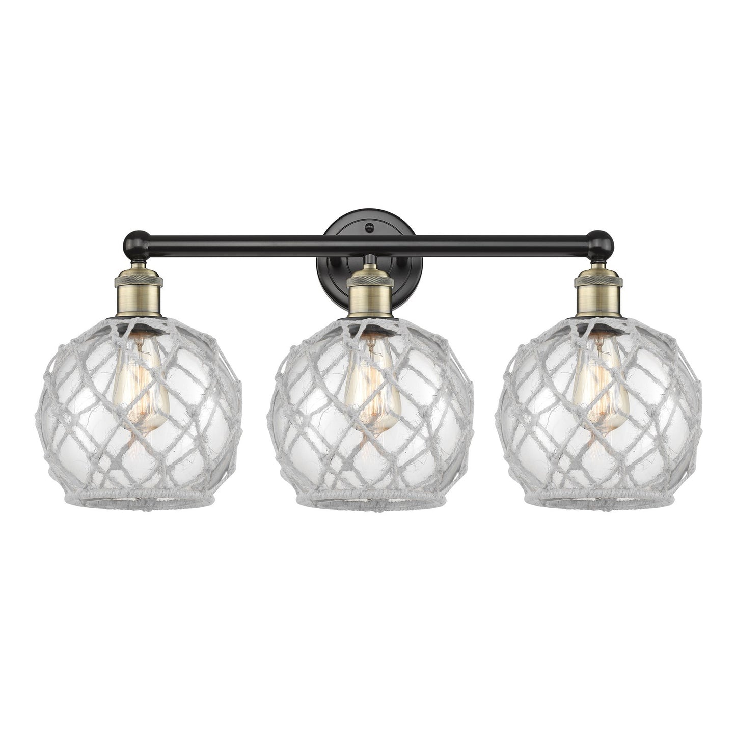 Innovations Farmhouse Rope 26in 3-Light Bath Vanity Light | Industrial Black Antique Brass and Clear Glass with White Rope | Model 616-3W-BAB-G122-8RW