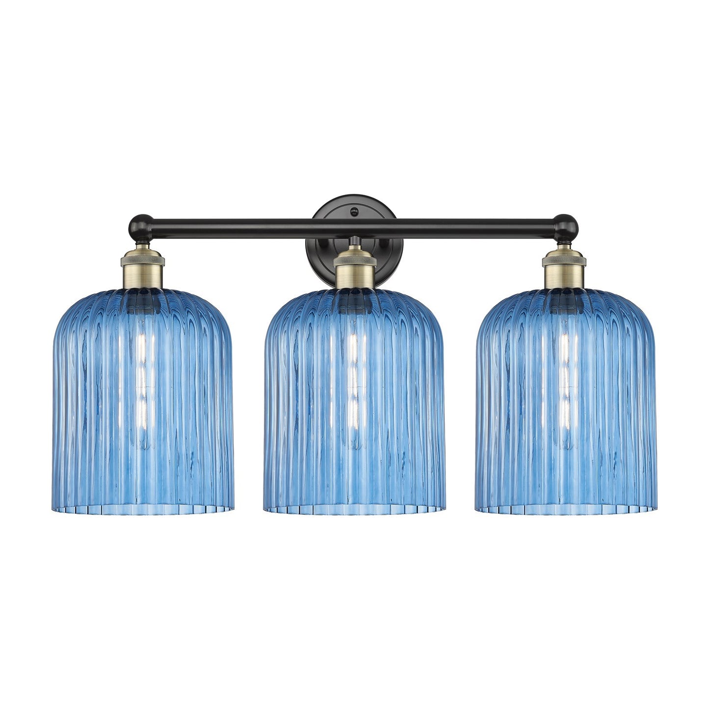 Innovations Bridal Veil 23in 3-Light Bath Vanity Light | Industrial Black Antique Brass and Princess Blue Ribbed Glass | Model 616-3W-BAB-G559-8BL