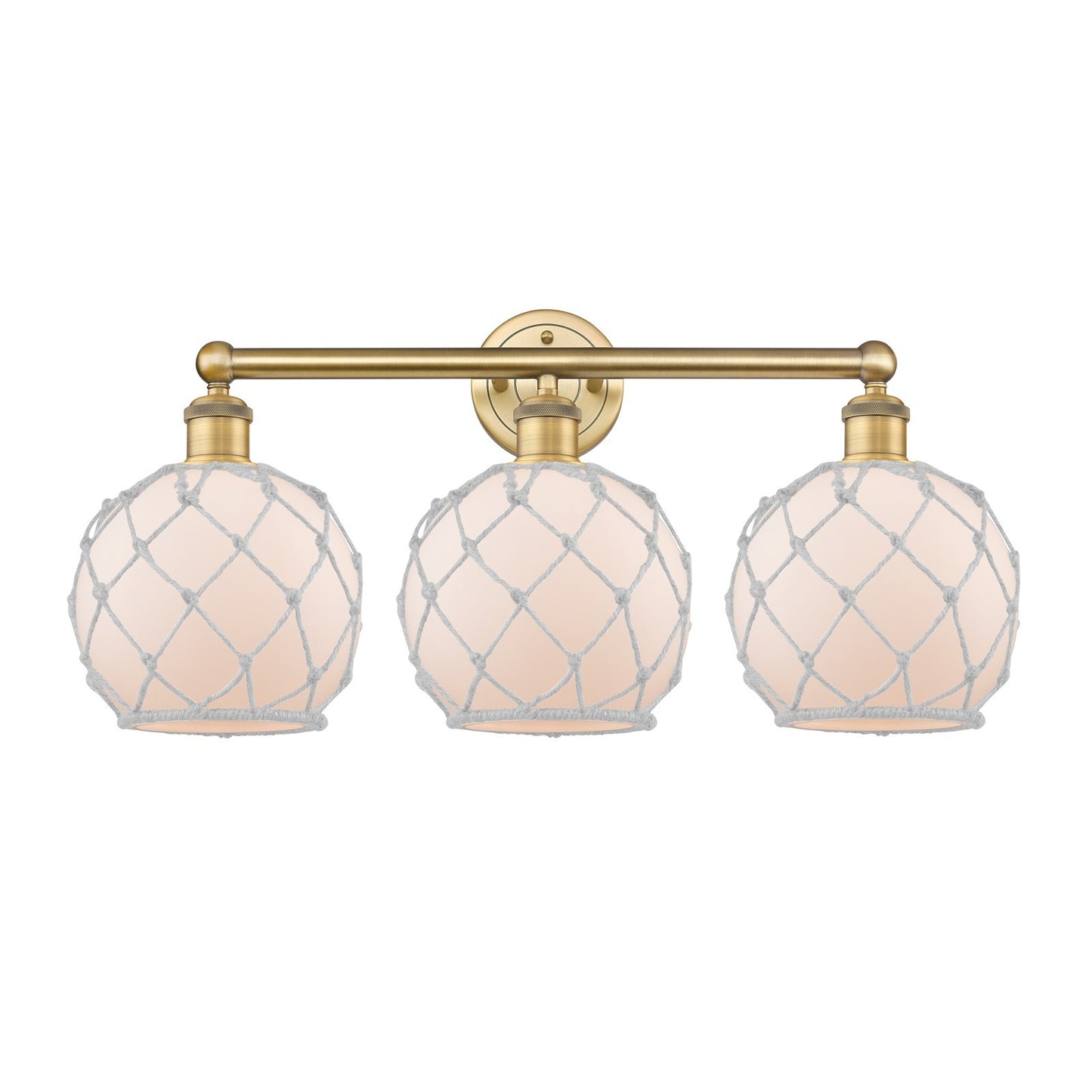 Innovations Farmhouse Rope 26in 3-Light Bath Vanity | Industrial Brushed Brass Steel and White Frosted Glass with Rope | Model 616-3W-BB-G121-8RW
