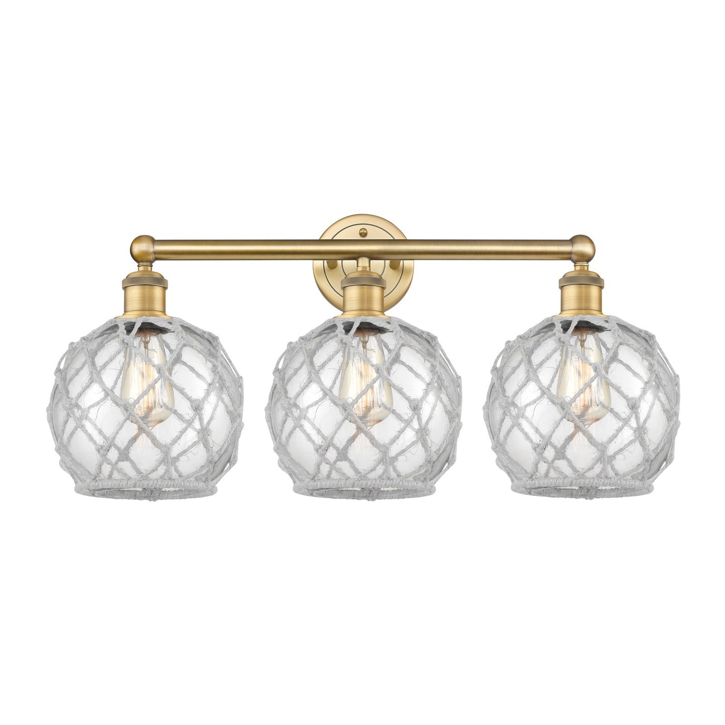 Innovations Farmhouse Rope 26in 3-Light Bath Vanity | Industrial Brushed Brass Steel and Clear Glass with White Rope | Bathroom | Model 616-3W-BB-G122-8RW