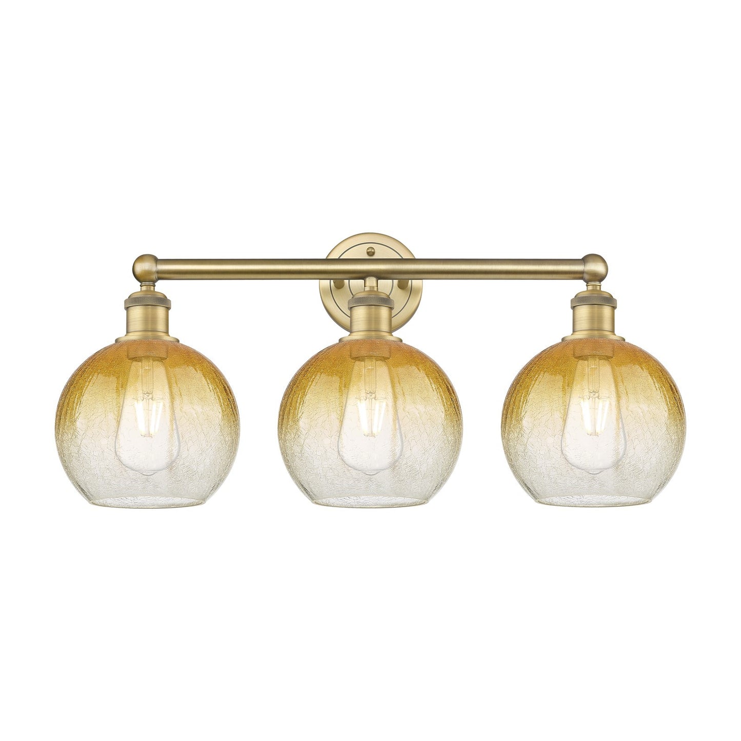 Innovations Brookhaven Globe 26in 3-Light Bath Vanity Light | Industrial Brushed Brass Steel and Amber Glass | Damp Rated | Model 616-3W-BB-G483-8AM
