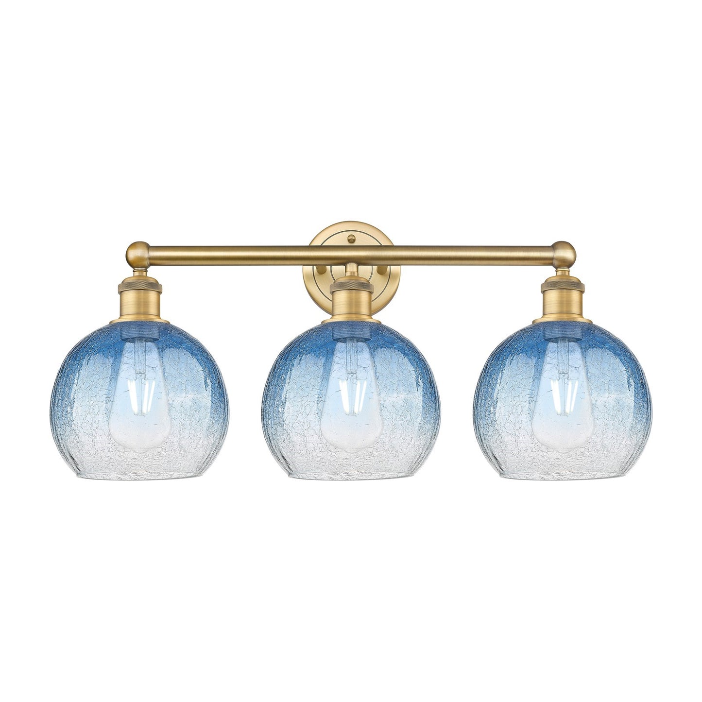 Innovations Brookhaven Globe 26in 3-Light Bath Vanity Light | Industrial Brushed Brass and Sapphire Blue Glass | Bathroom | Model 616-3W-BB-G483-8SB
