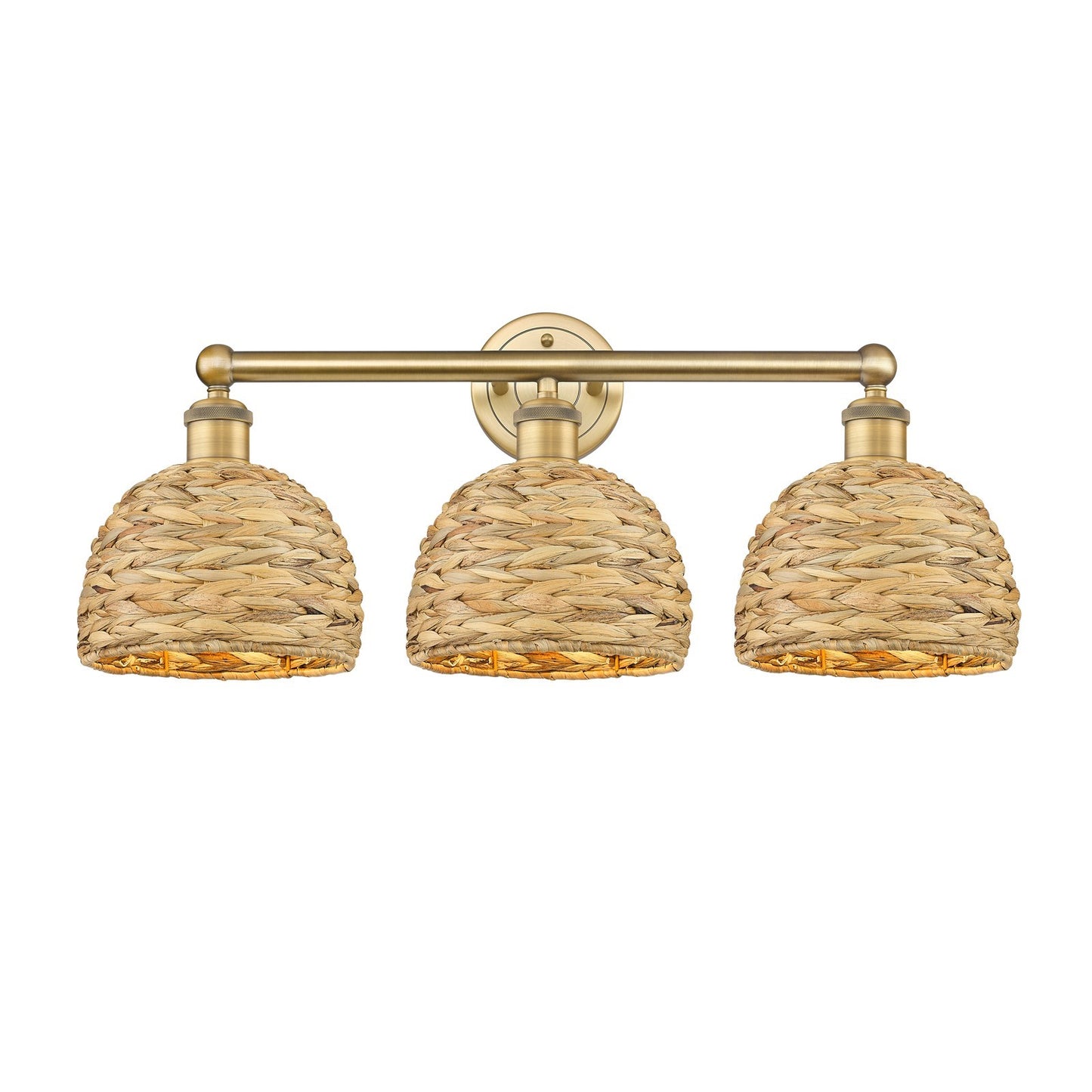 Innovations Woven Rattan 26in 3-Light Bath Vanity Light | Industrial Brushed Brass and Natural Fiber Dome Shade | Bathroom | Model 616-3W-BB-RBD-8-NAT