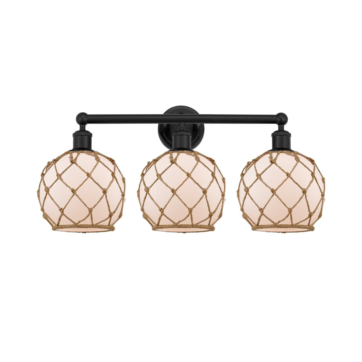 Innovations Farmhouse Rope 26in 3-Light Bath Vanity | Industrial Matte Black Steel and White Frosted Glass with Brown Rope | Model 616-3W-BK-G121-8RB