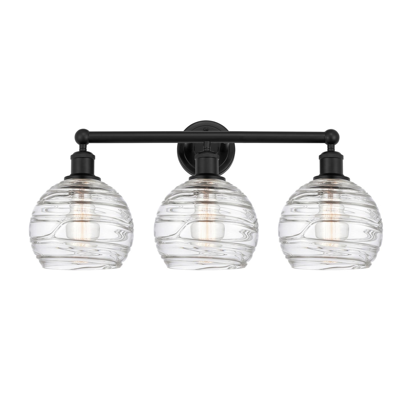 Innovations Athens Deco Swirl 26in 3-Light Bath Vanity | Industrial Matte Black Steel and Clear Deco Swirl Glass | Bathroom | Model 616-3W-BK-G1213-8CL