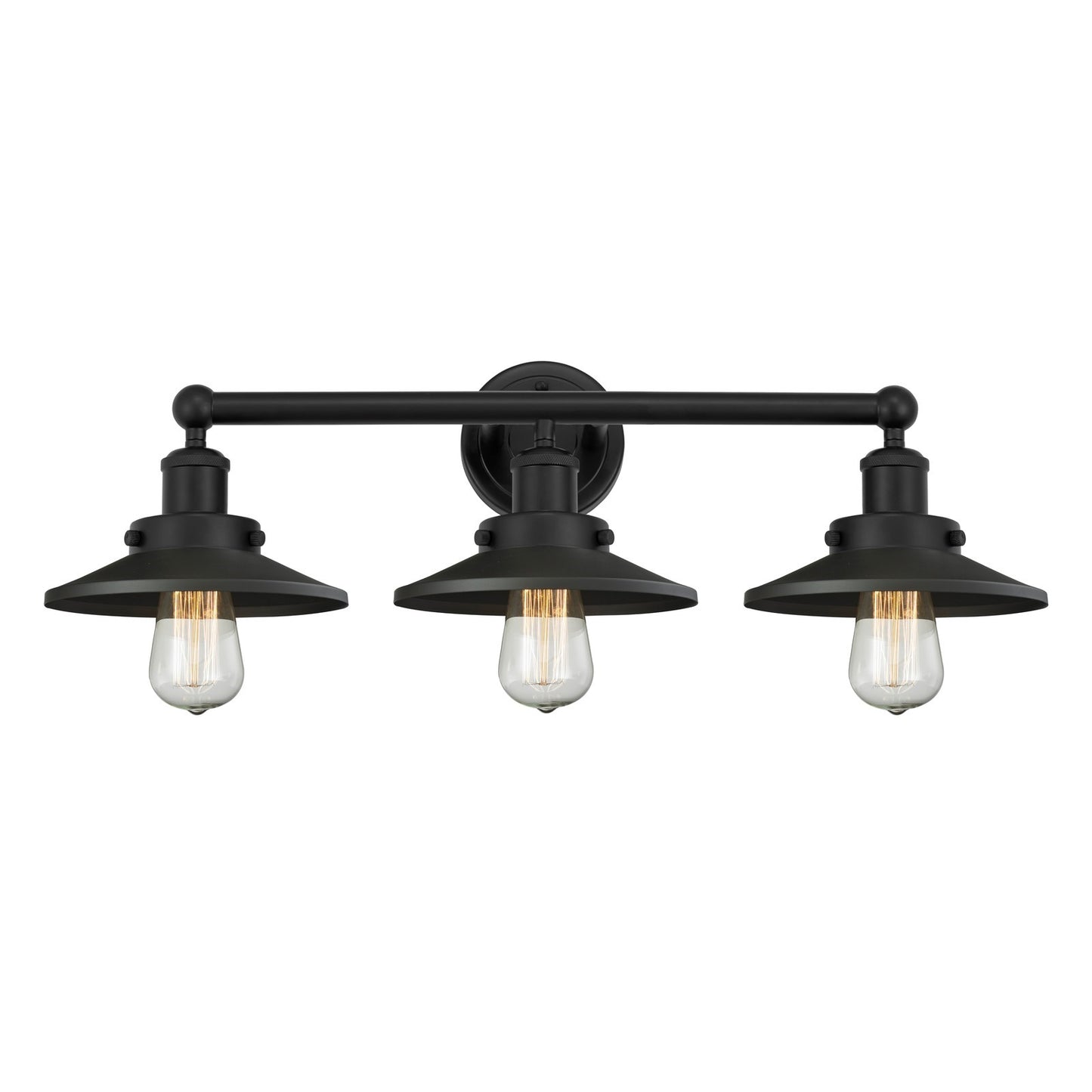 Innovations Railroad 26in 3-Light Bath Vanity Light | Industrial Matte Black Steel and Matte Black Metal Shade | Bathroom Vanity | Model 616-3W-BK-M6-BK