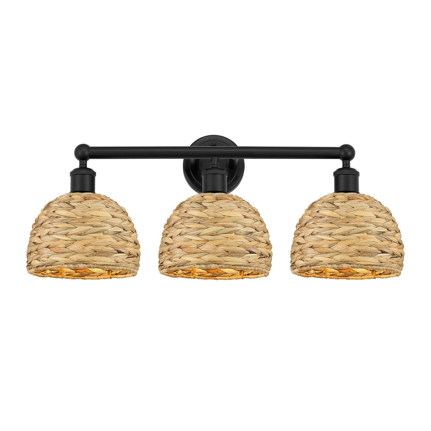 Innovations Woven Rattan 26in 3-Light Bath Vanity | Industrial Matte Black Steel and Natural Fiber Shade | Bathroom Vanity | Model 616-3W-BK-RBD-8-NAT