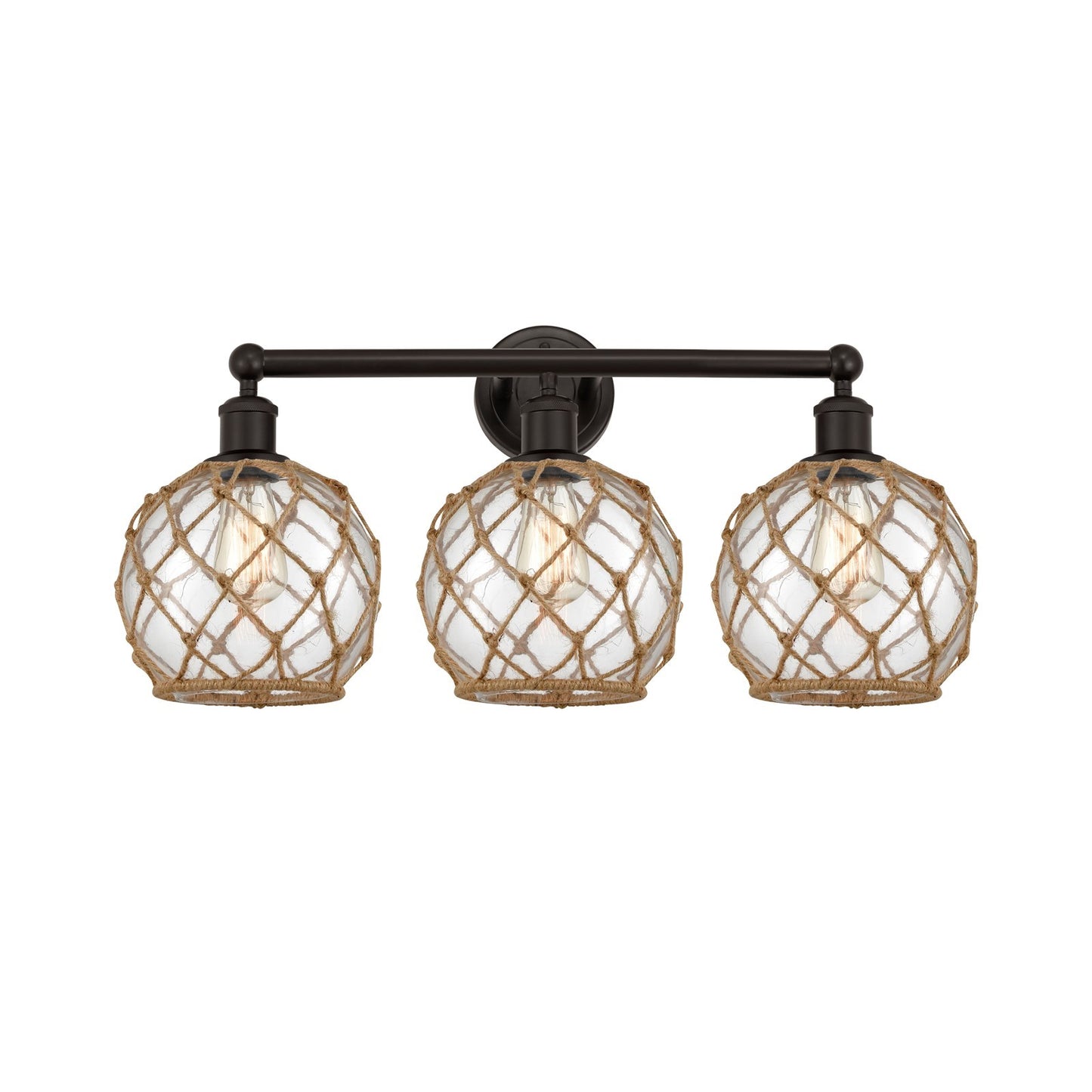 Innovations Farmhouse Rope 26in 3-Light Bath Vanity | Industrial Oil Rubbed Bronze Steel and Clear Glass with Brown Rope | Model 616-3W-OB-G122-8RB