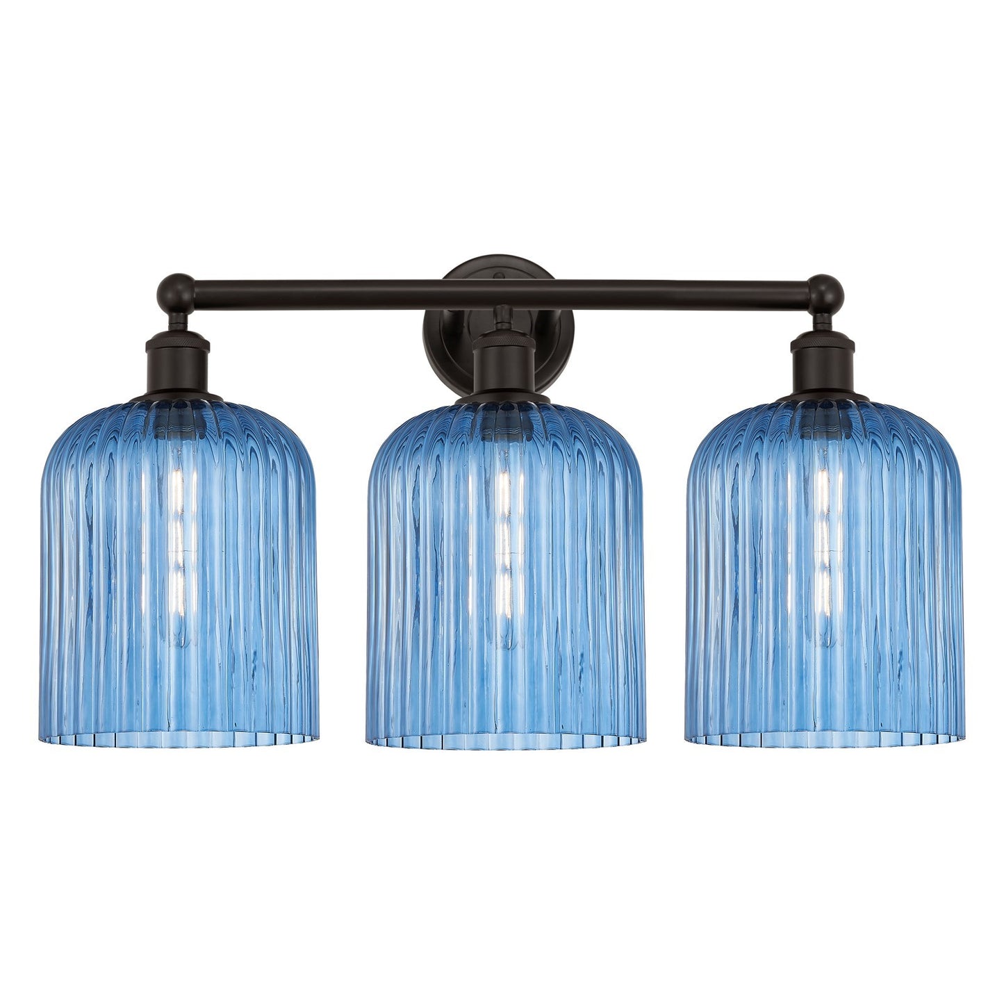 Innovations Bridal Veil 23in 3-Light Bath Vanity Light | Industrial Art Nouveau Oil Rubbed Bronze and Princess Blue Ribbed | Model 616-3W-OB-G559-8BL