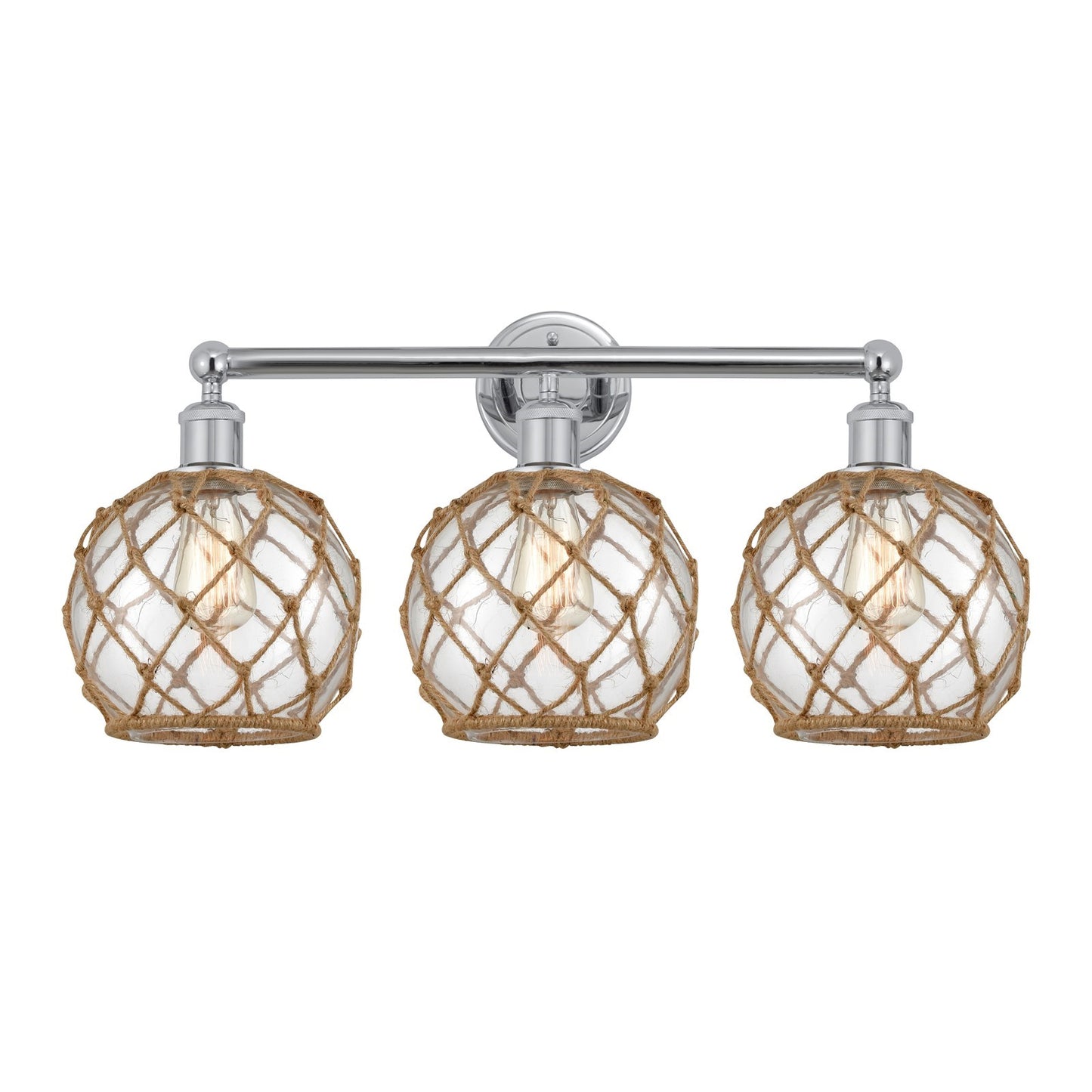Innovations Farmhouse Rope 26in 3-Light Bath Vanity | Industrial Polished Chrome and Clear Glass with Brown Rope | Bathroom | Model 616-3W-PC-G122-8RB
