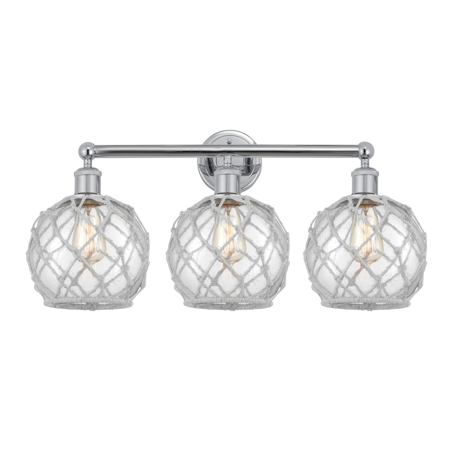 Innovations Farmhouse Rope 26in 3-Light Bath Vanity | Industrial Polished Chrome Steel and Clear Glass with White Rope | Model 616-3W-PC-G122-8RW