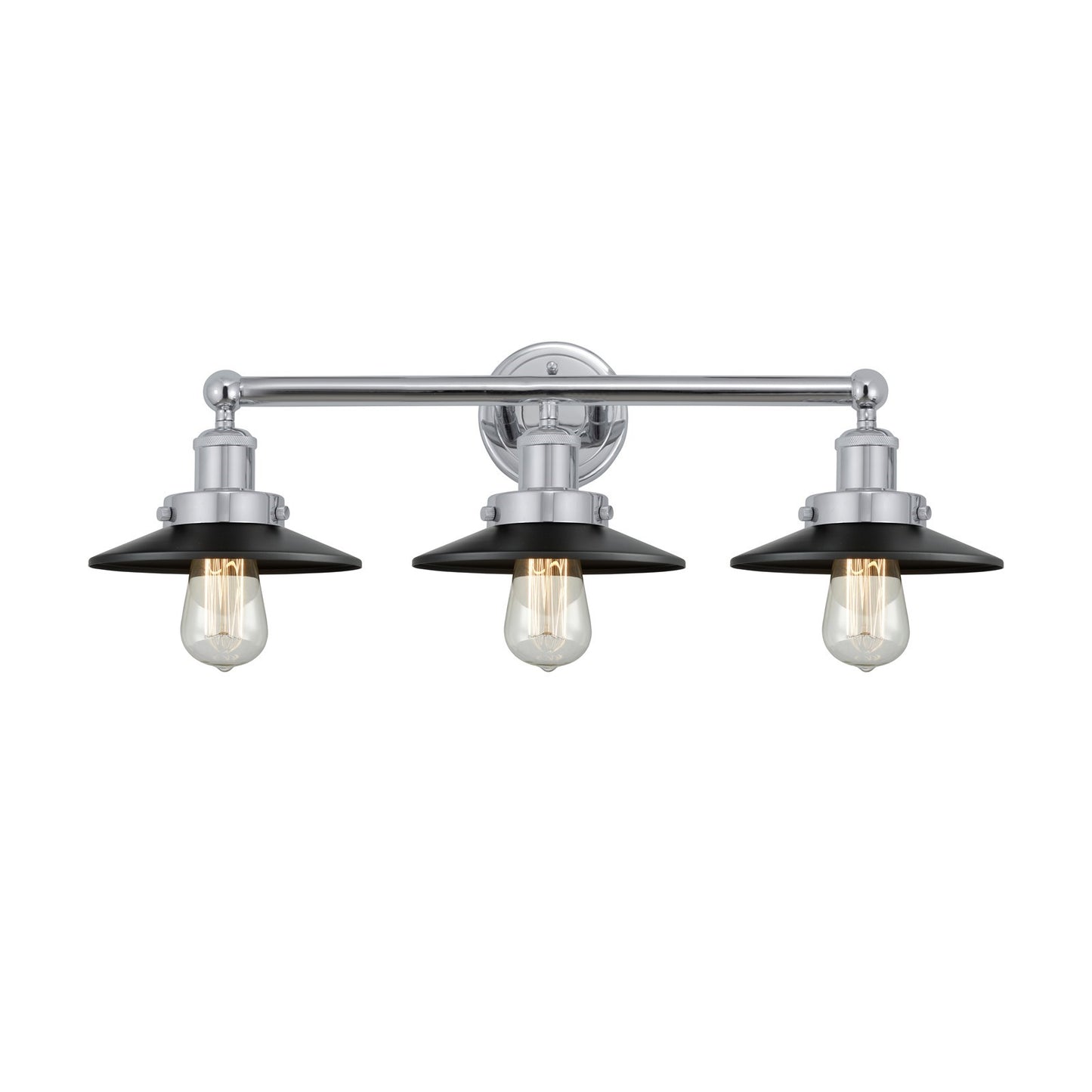 Innovations Railroad 26in 3-Light Bath Vanity Light | Industrial Polished Chrome and Matte Black Metal Shade | Bathroom Vanity | Model 616-3W-PC-M6-BK