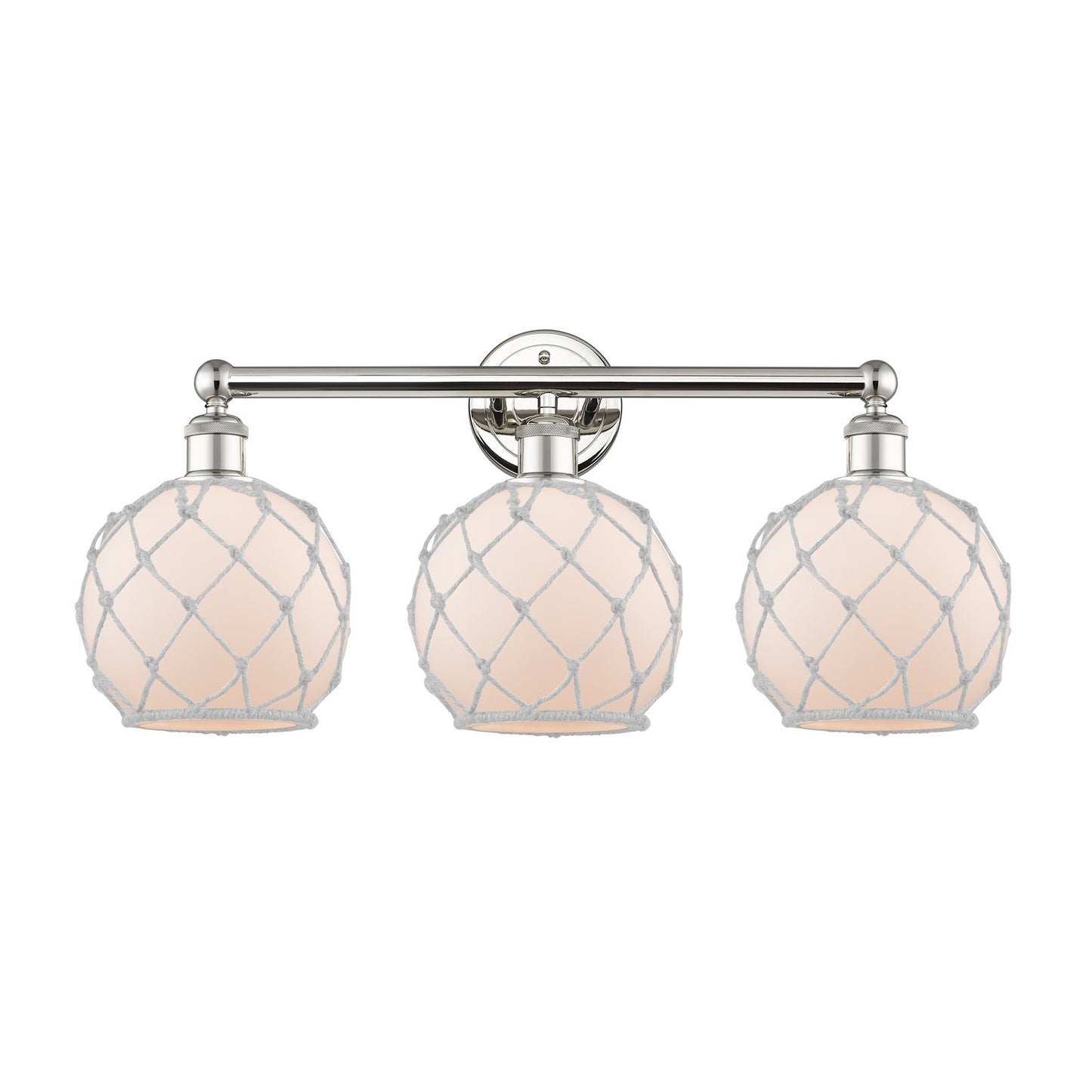Innovations Farmhouse Rope 26in 3-Light Bath Vanity | Industrial Polished Nickel Steel and White Frosted Glass with Rope | Model 616-3W-PN-G121-8RW