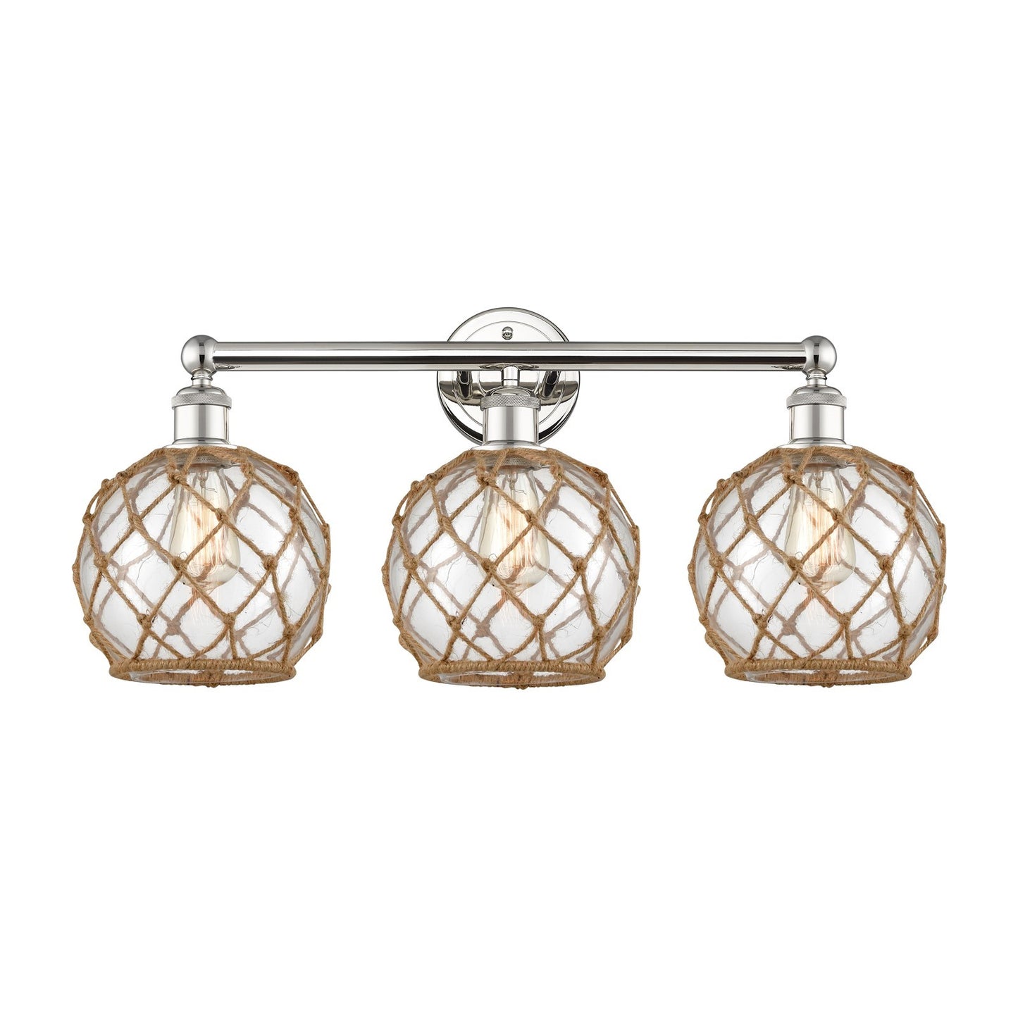 Innovations Farmhouse Rope 26in 3-Light Bath Vanity | Industrial Polished Nickel Steel and Clear Glass with Brown Rope | Model 616-3W-PN-G122-8RB