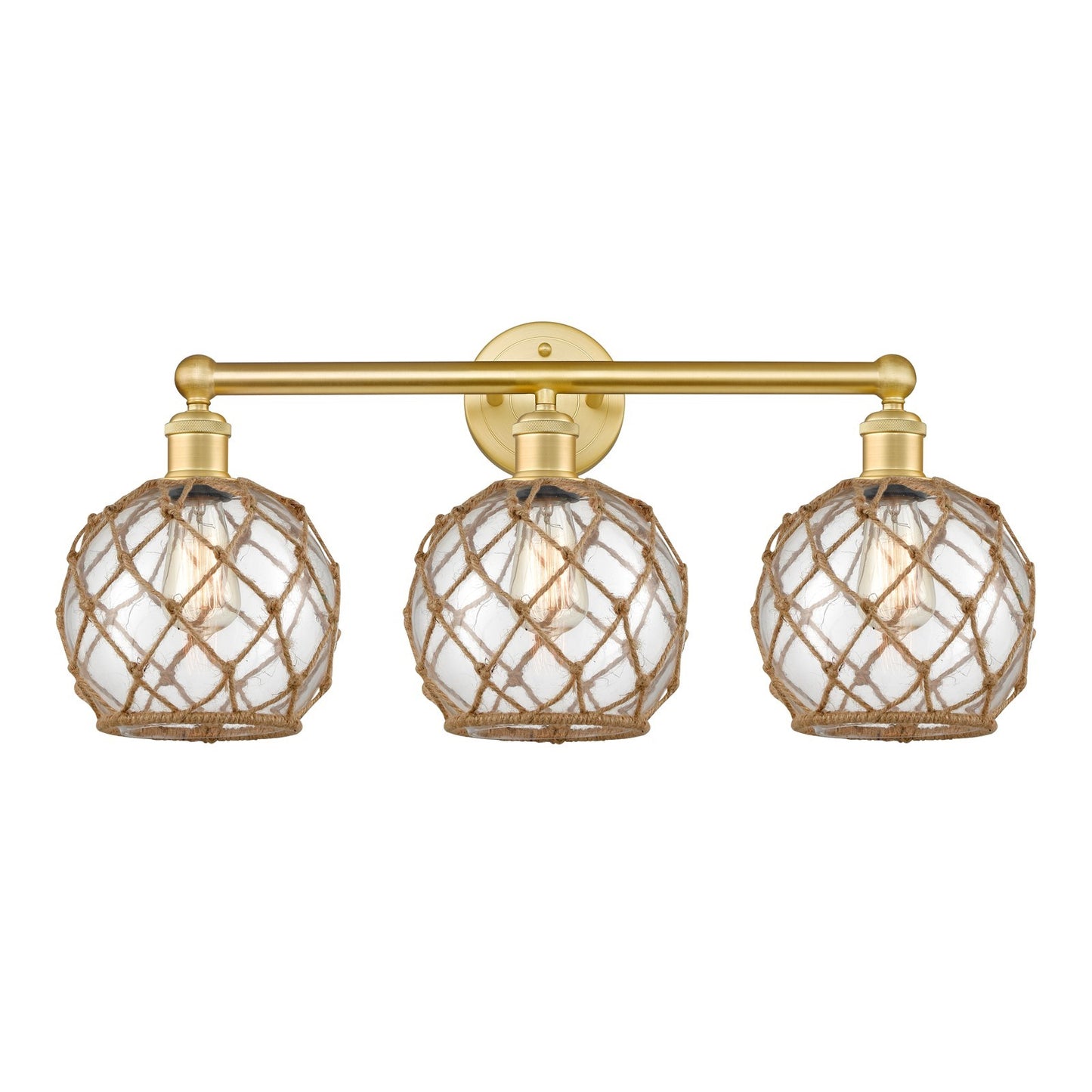 Innovations Farmhouse Rope 26in 3-Light Bath Vanity | Industrial Satin Gold Steel and Cast Brass with Clear Glass and Brown | Model 616-3W-SG-G122-8RB