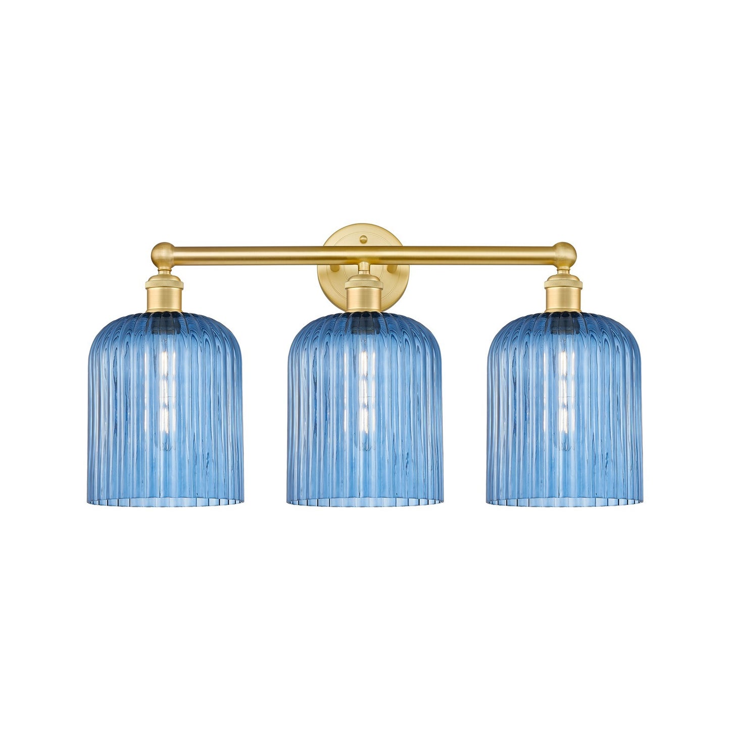 Innovations Bridal Veil 23in 3-Light Bath Vanity Light | Art Nouveau Satin Gold Steel and Princess Blue Ribbed Glass | Bathroom | Model 616-3W-SG-G559-8BL