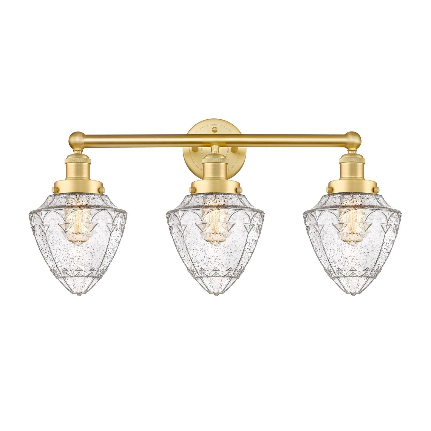 Innovations Bullet 25in 3-Light Bath Vanity Light | Industrial Satin Gold Steel and Cast Brass with Seedy Glass Shades | Bathroom | Model 616-3W-SG-G664-7