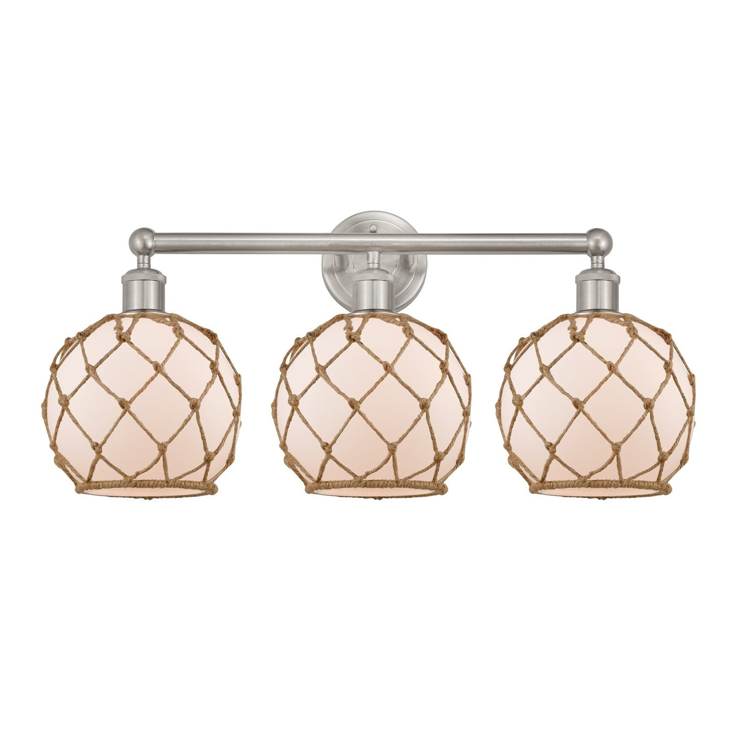 Innovations Farmhouse Rope 26in 3-Light Bath Vanity Light | Industrial Brushed Satin Nickel and White Frosted Glass with Brown | Model 616-3W-SN-G121-8RB