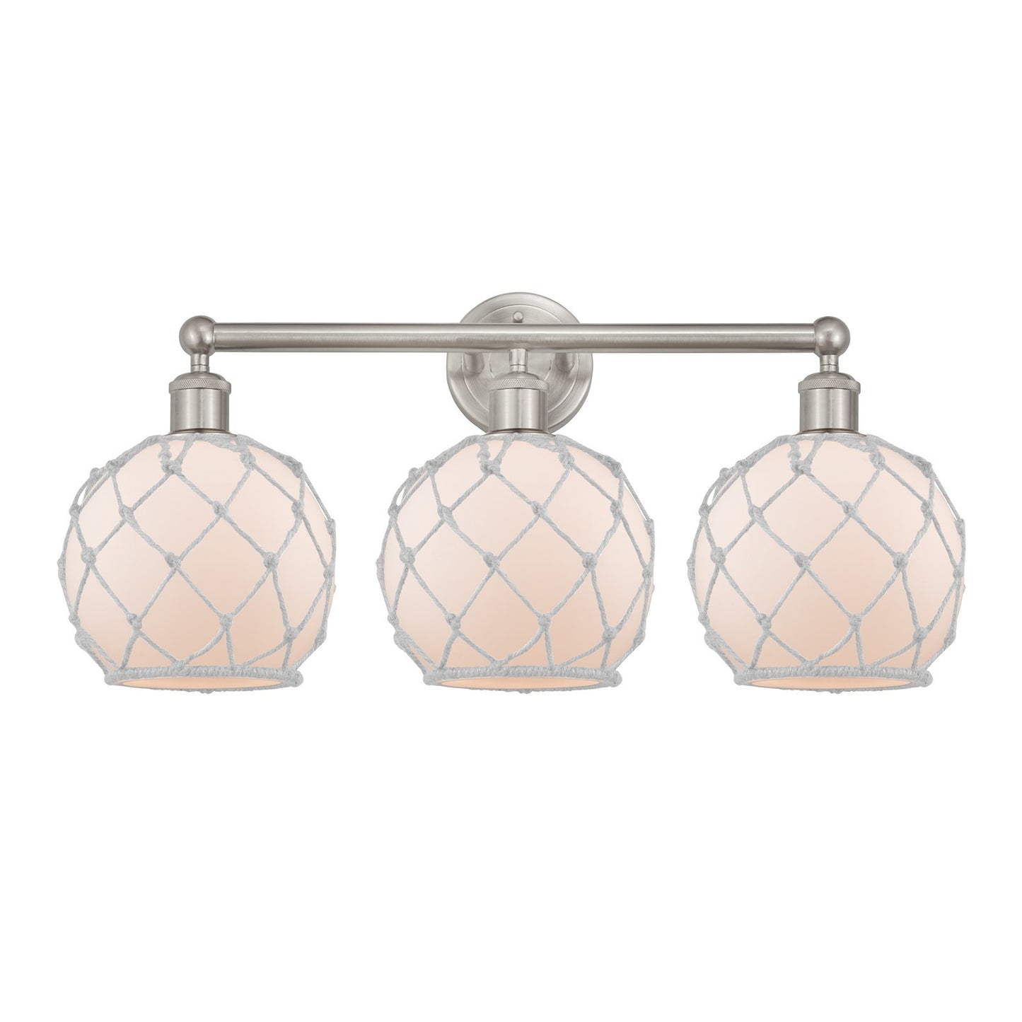 Innovations Farmhouse Rope 26in 3-Light Bath Vanity Light | Industrial Brushed Satin Nickel and White Frosted Glass with Rope | Model 616-3W-SN-G121-8RW