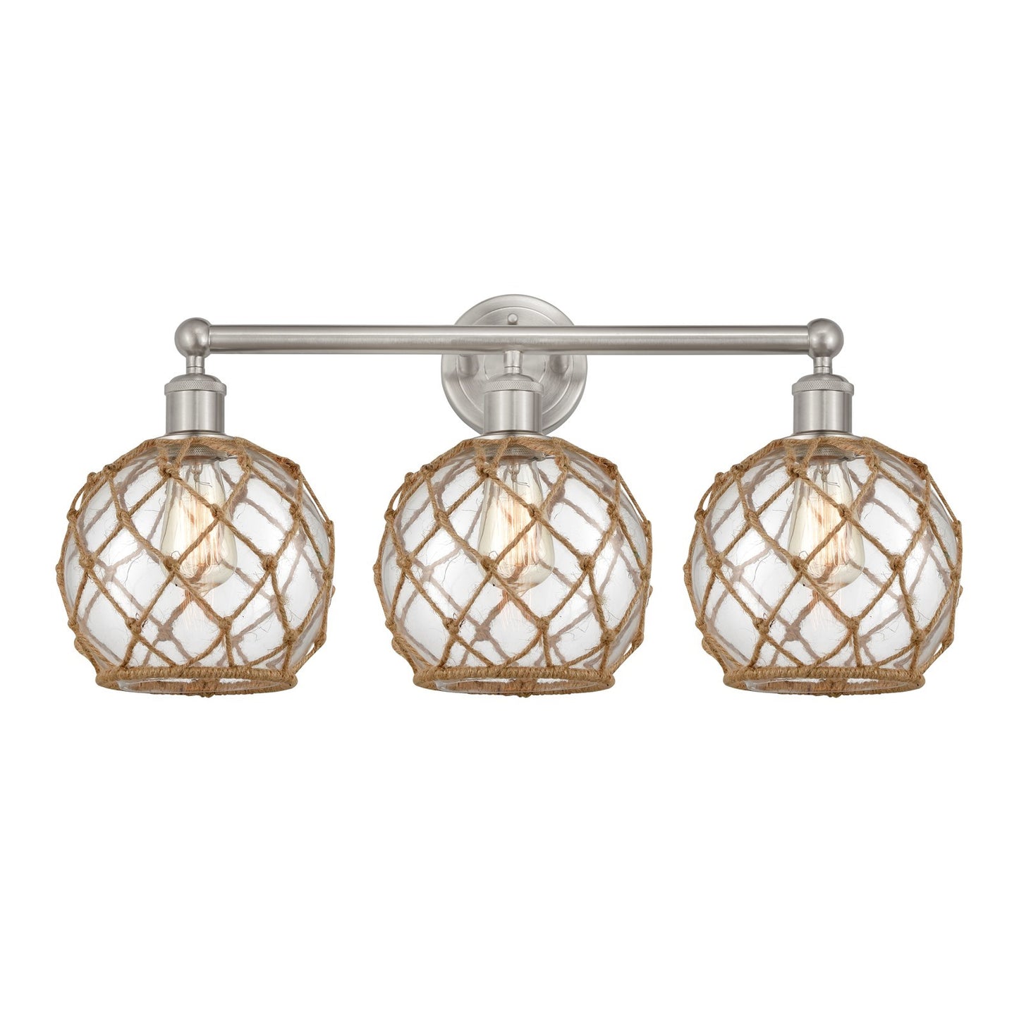 Innovations Farmhouse Rope 26in 3-Light Bath Vanity Light | Industrial Brushed Satin Nickel and Clear Glass with Brown Rope | Model 616-3W-SN-G122-8RB