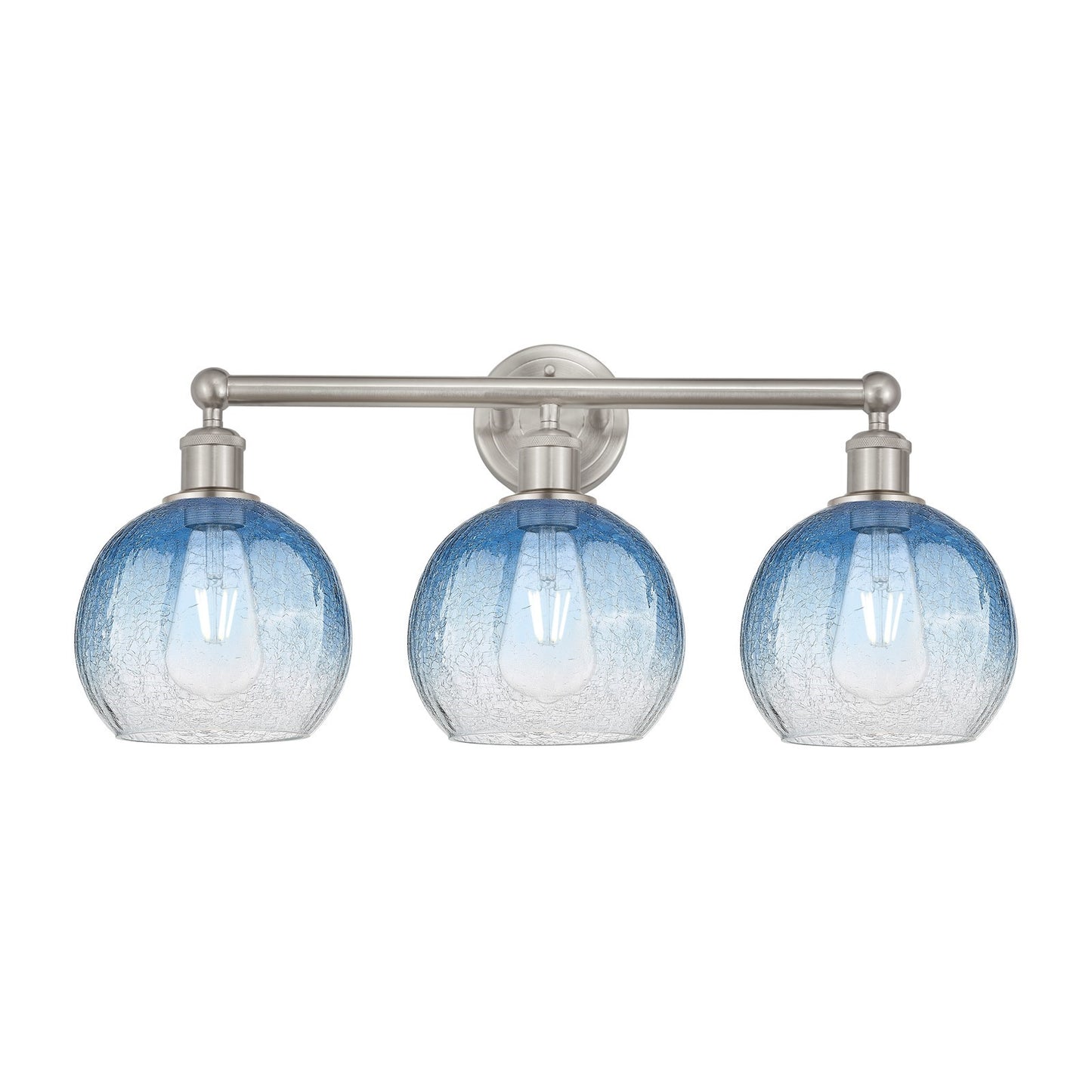 Innovations Brookhaven Globe 26in 3-Light Bath Vanity Light | Industrial Brushed Satin Nickel and Sapphire Blue Glass | Model 616-3W-SN-G483-8SB