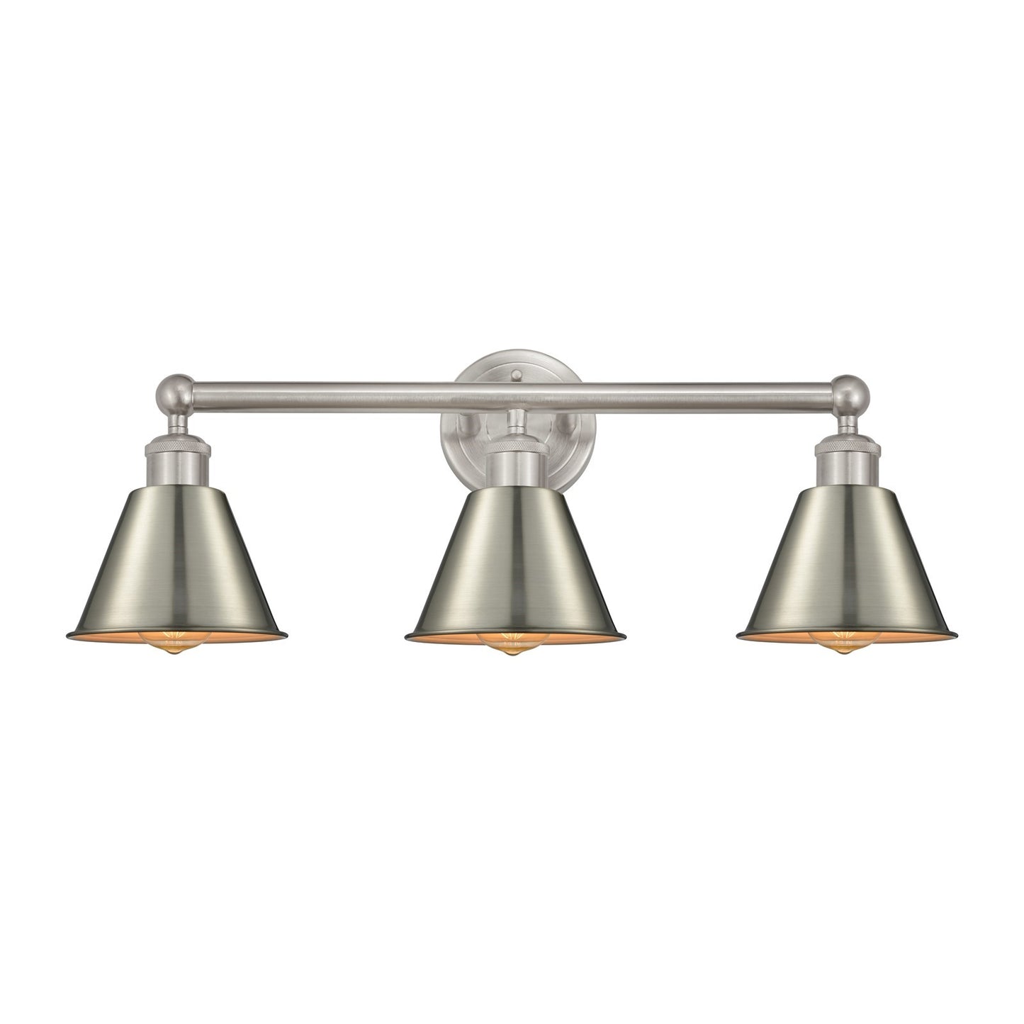 Innovations Smithfield 25in 3-Light Bath Vanity Light | Industrial Farmhouse Brushed Satin Nickel Steel and Metal Cone Shade | Model 616-3W-SN-M8-SN